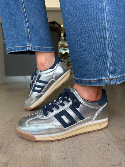 Back 70 - Metallic Silver Trainer With Navy Trim