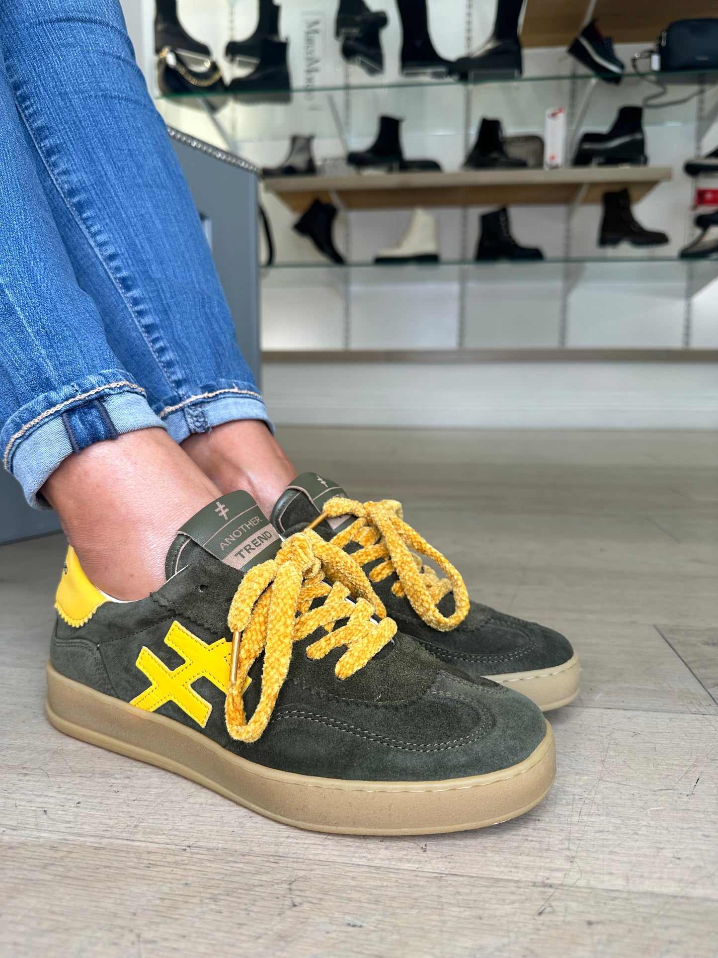 Another Trend (Alpe) - Khaki Green Suede/ Yellow Trim Trainer