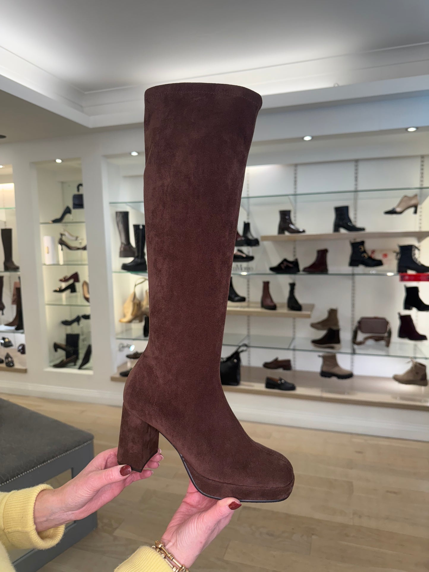 Miss Elastic - Long Pull On Chocolate Brown Suede Sock Boot With Block Heel & Platform Sole