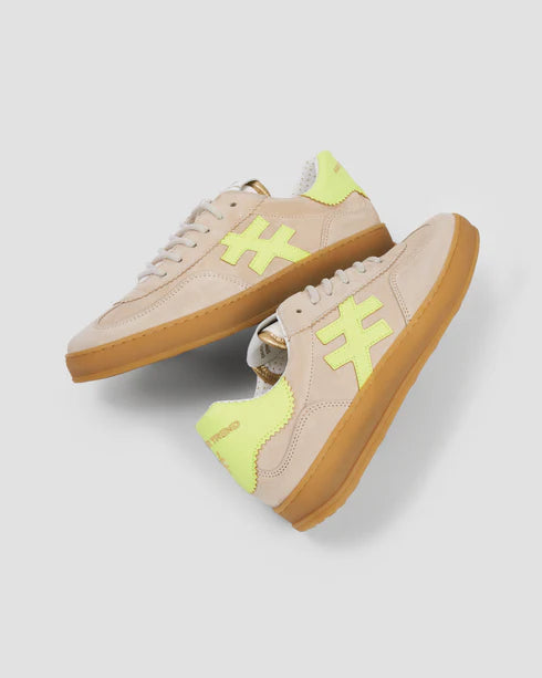 Another Trend - Soft Beige Suede Trainer With Neon Yellow Trim