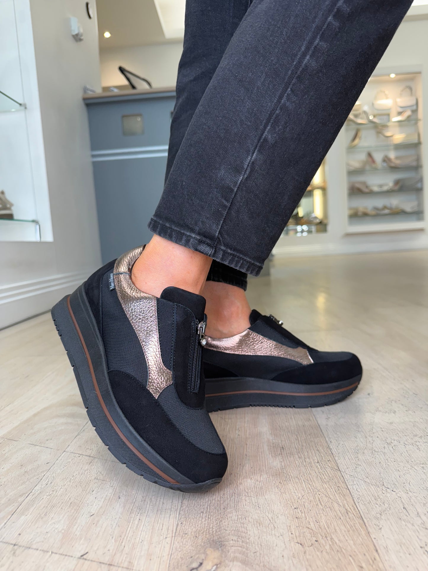Marco Moreo - Gilda Black Suede & Fabric Mix Zip Up Shoe With Bronze Metallic Trim