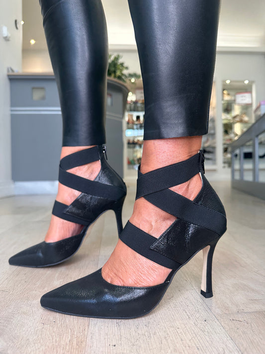 Marian - Black Strappy Shimmer Fabric Pointy Heels