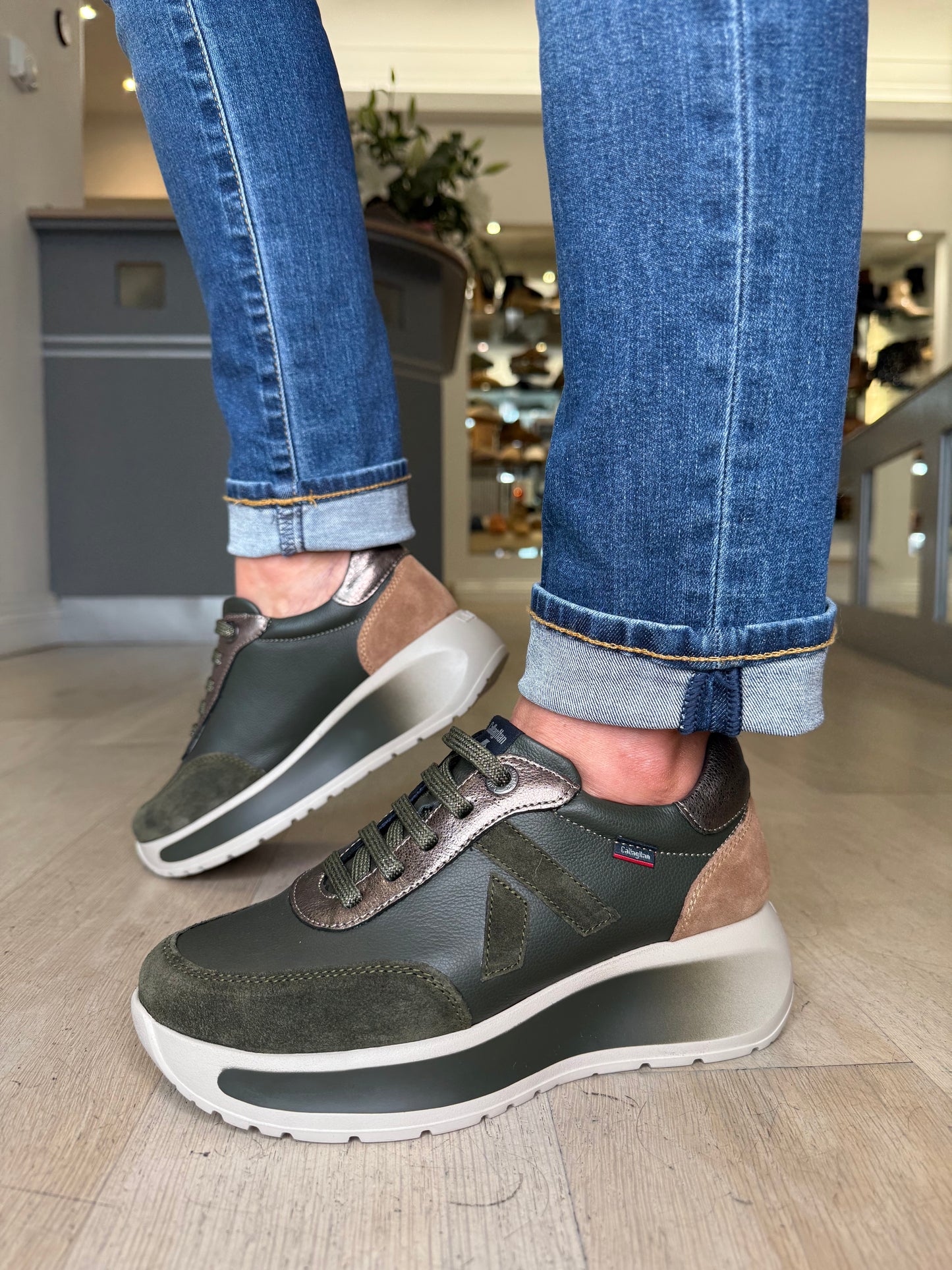 Callaghan - Dark Khaki Mix Lace Up Chunky Sole Trainer