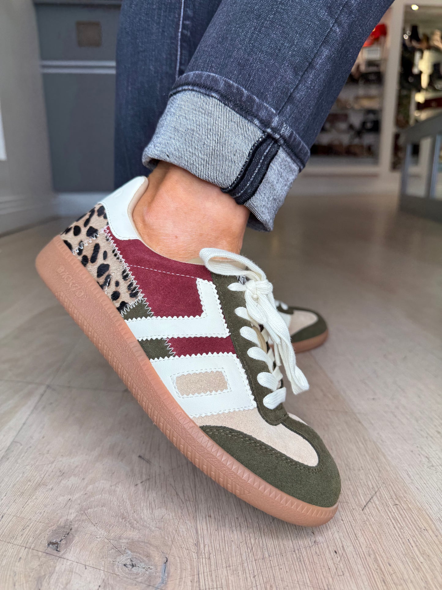 Back 70 - Squid Army Green Suede/ Leopard Print Mix Trainer