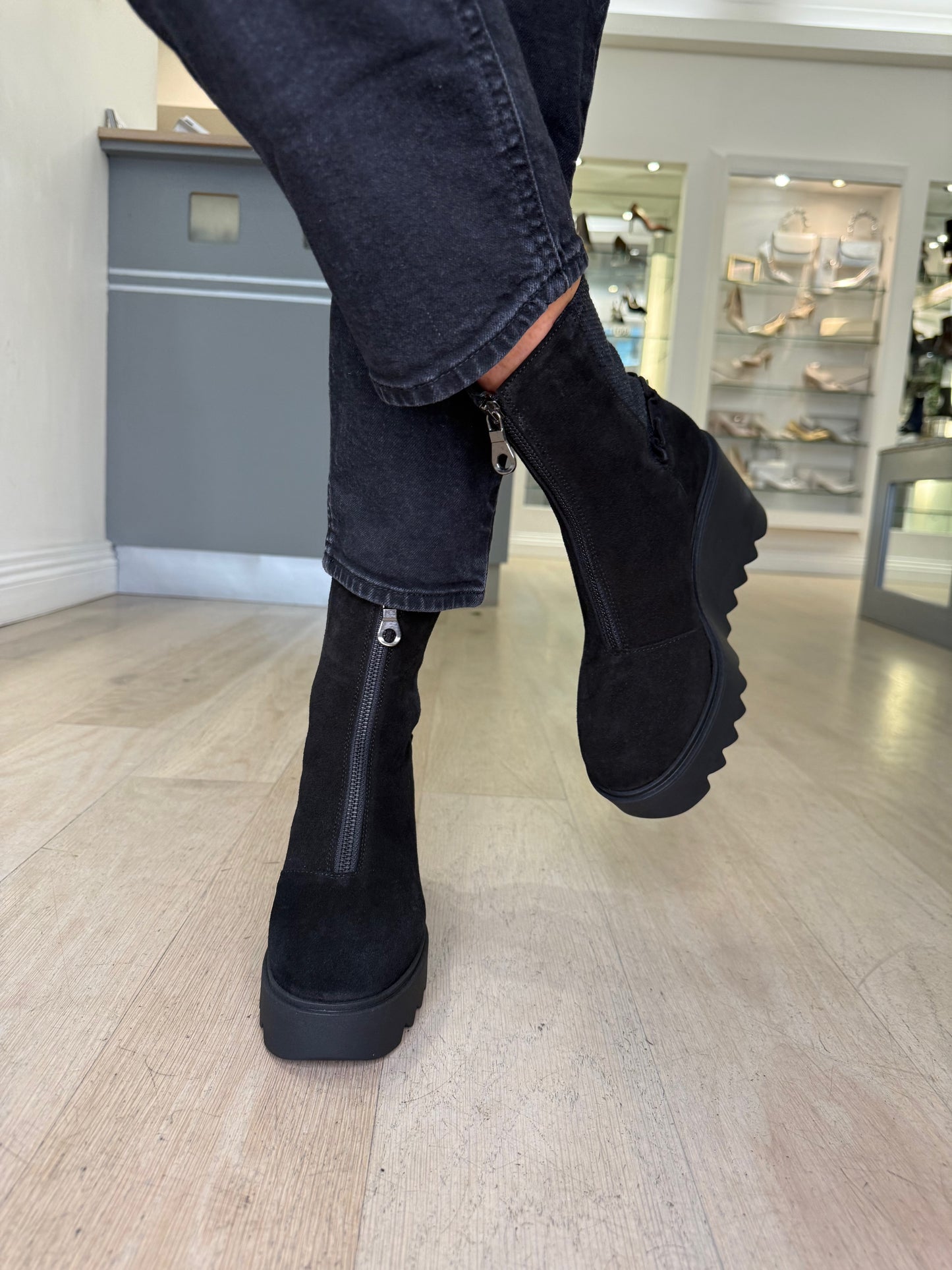 Marco Moreo - Black Suede Chunky Sole Wedge Boot With Frill Detail