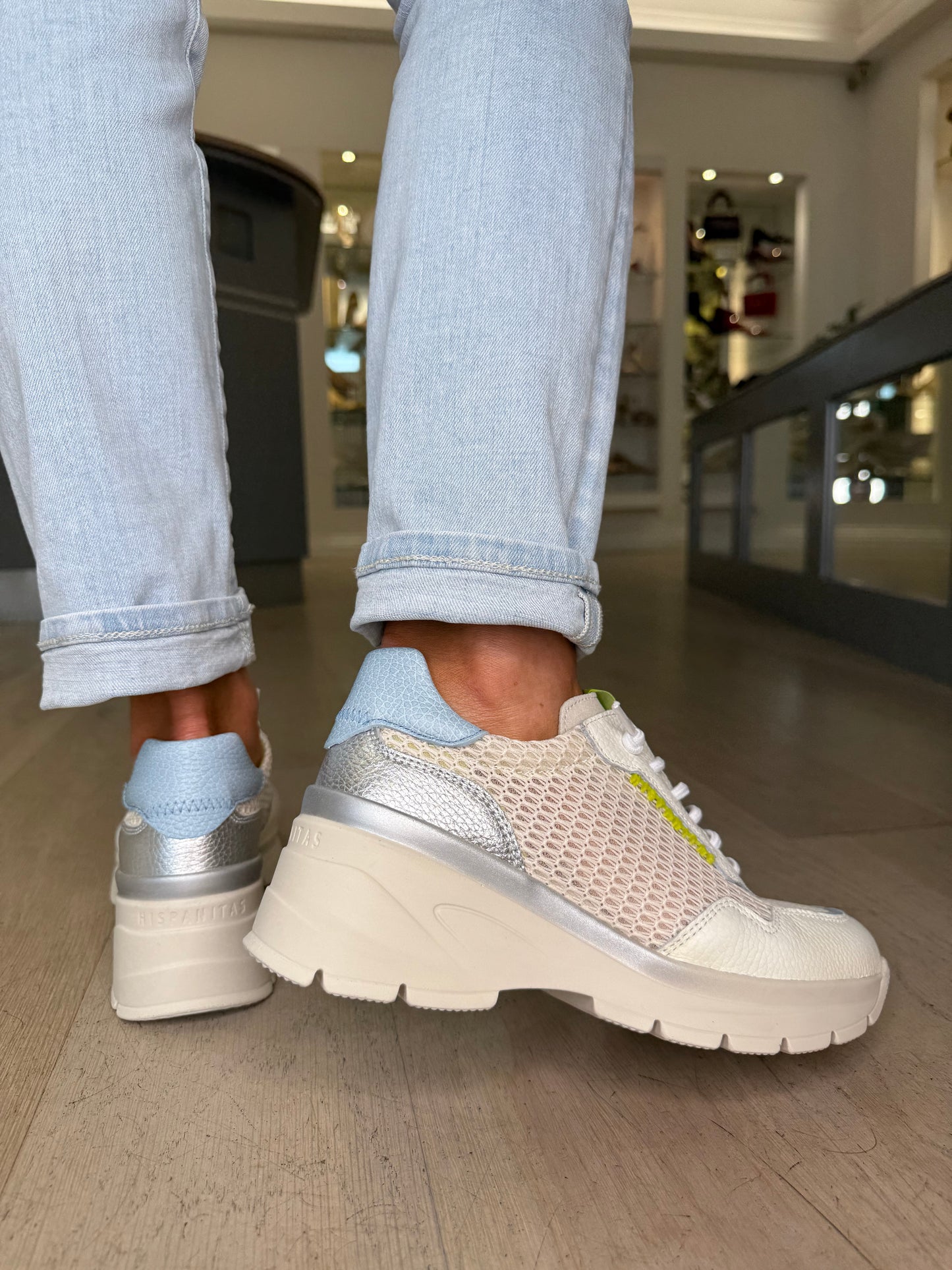 Hispanitas - White Leather Trainer With Lime, Silver & Blue Mix Trim