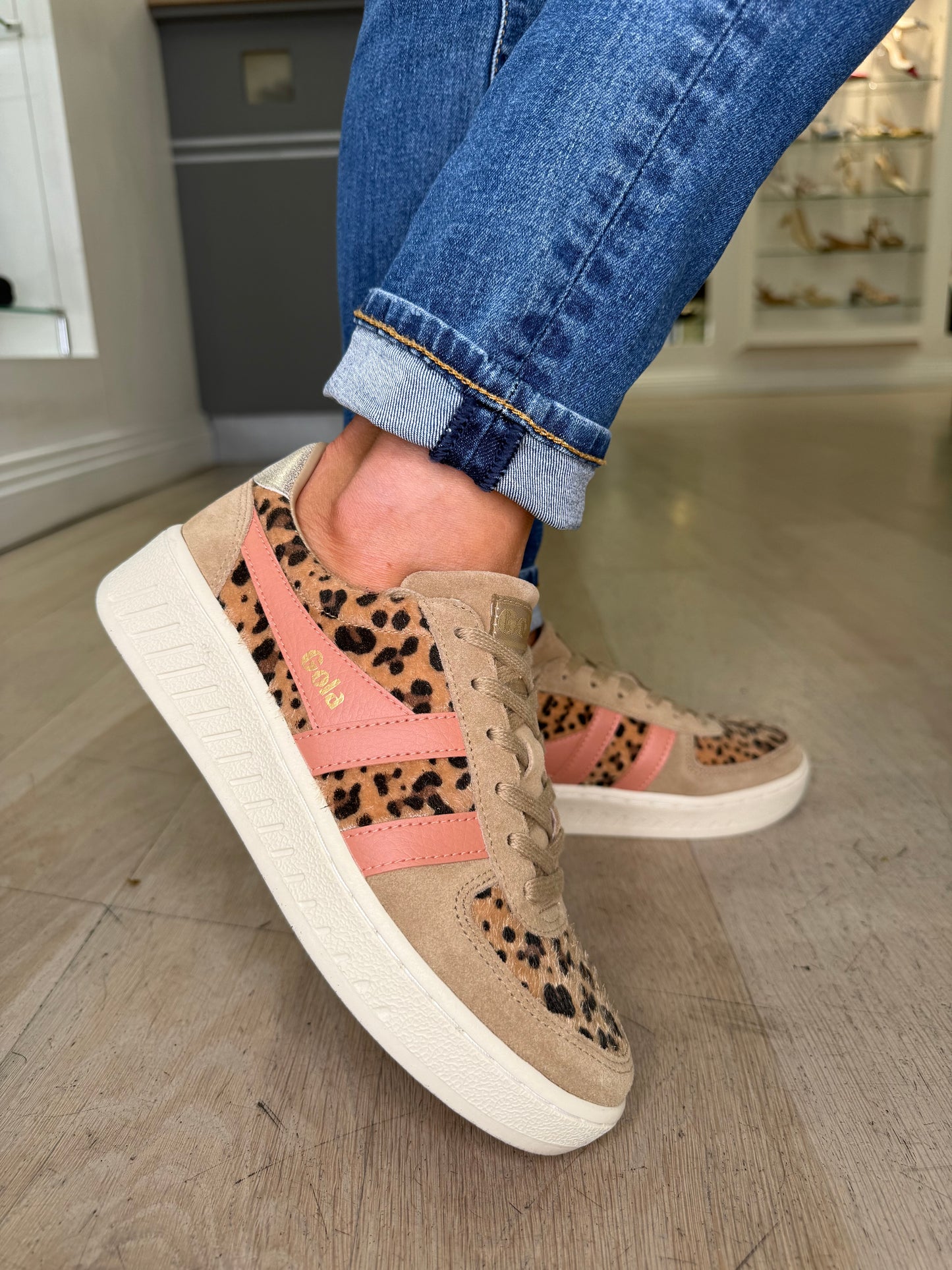 Gola - Grandslam Caramel Suede Trainer With Leopard Print & Coral Trim