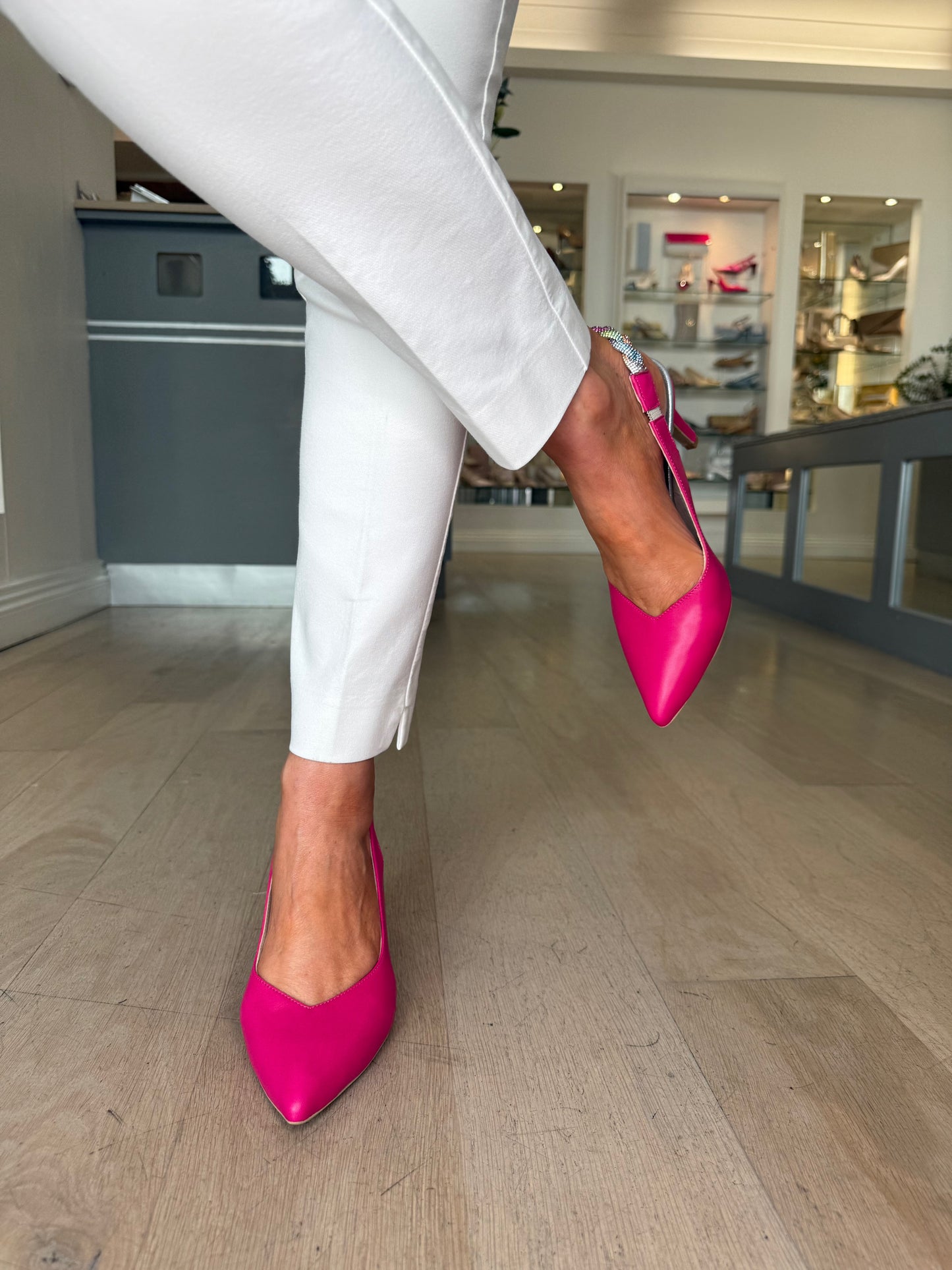 Emis - Hot Pink Pointy Toe Slingback Shoe With Multi Coloured Braided Strap