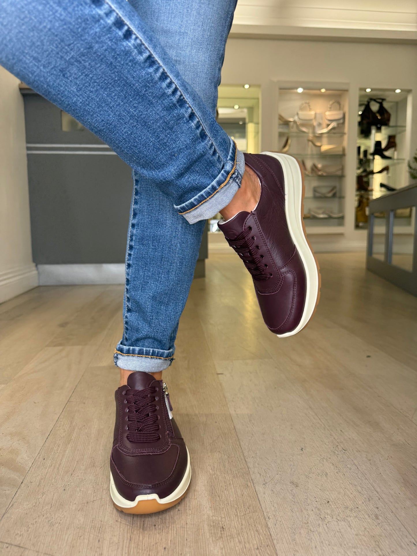 Ara - New York Merlot Leather Side Zip Trainer With White Trim & Cream Sole
