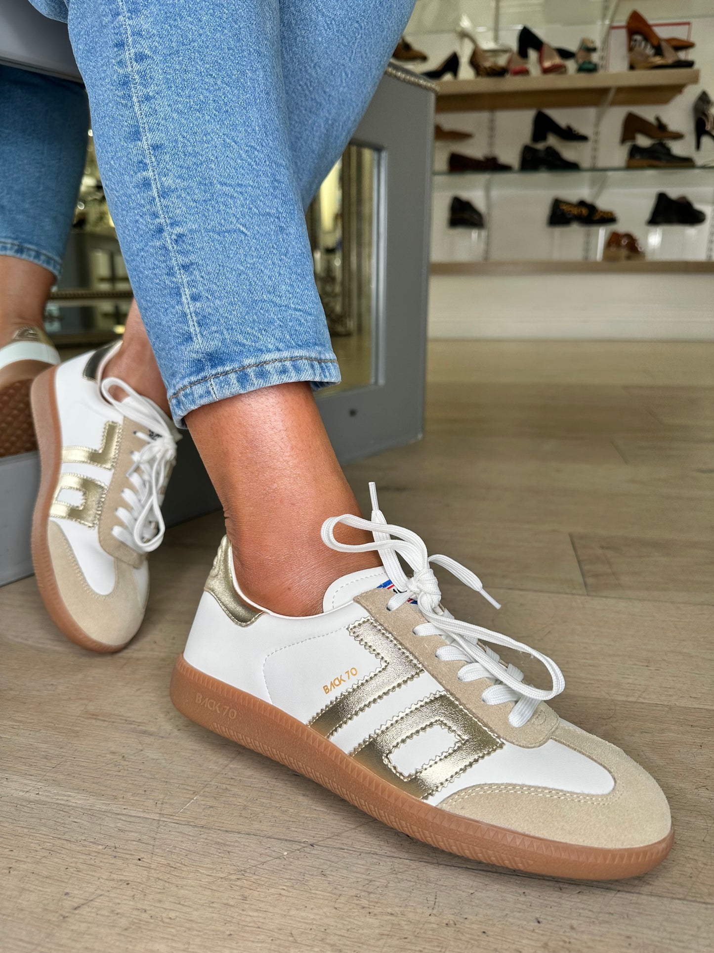 Back 70 - Cloud White / Metallic Gold Trainer With Beige Suede Trim