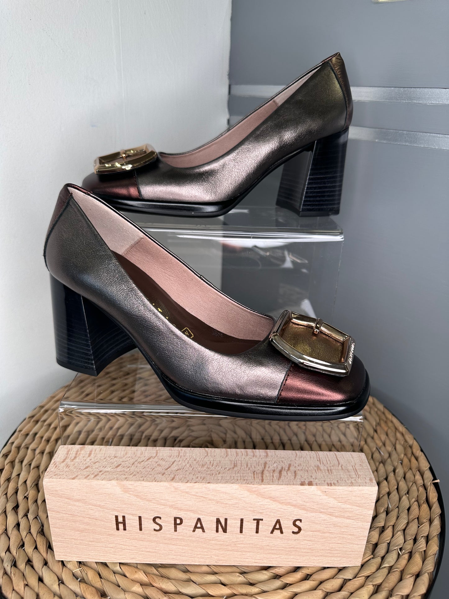 Hispanitas -Multi Metallic Court Shoe With Block Heel & Gold Square Trim