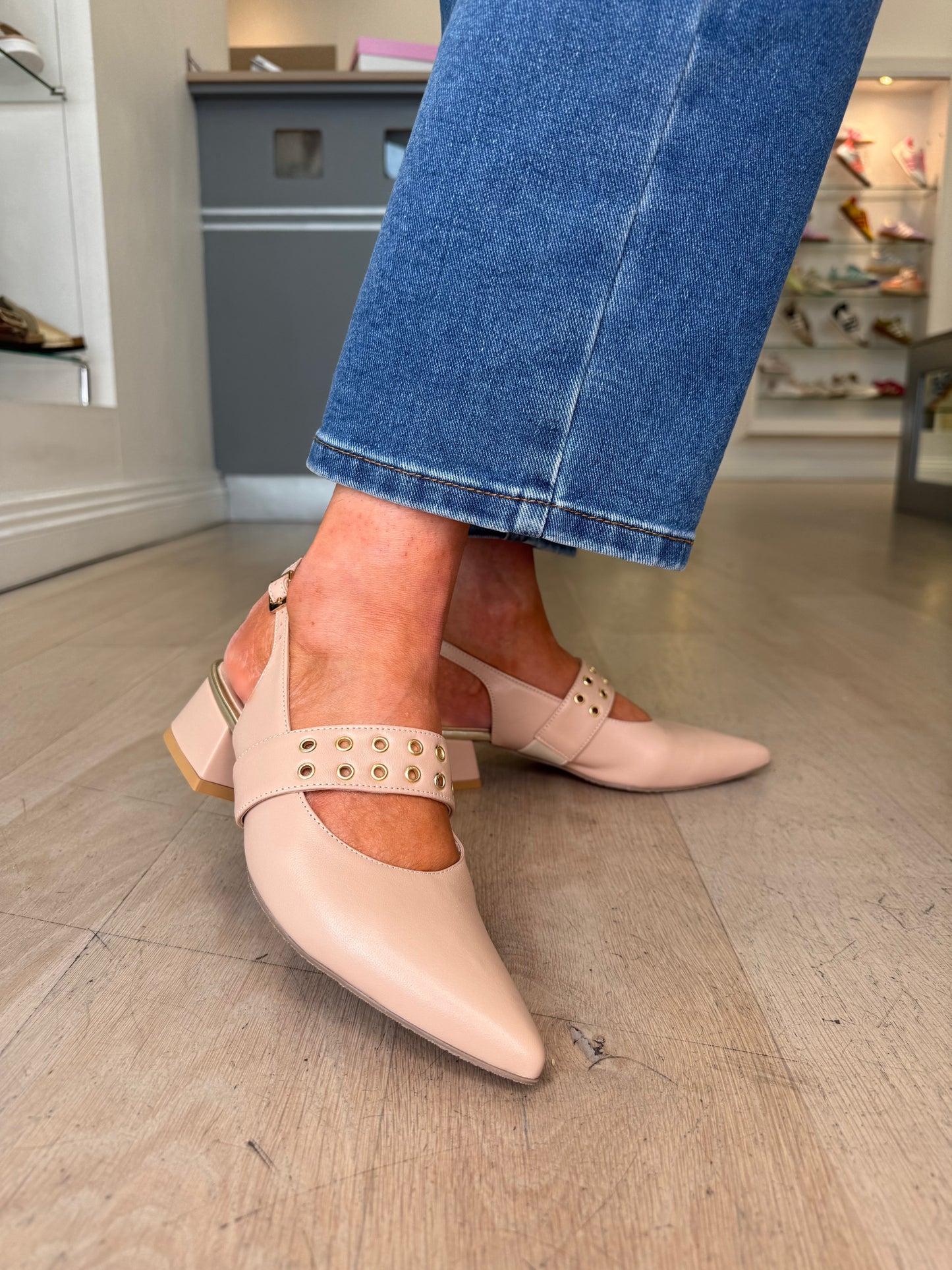 Emis - Beige Slingback Shoe With Eyelet Trim Detail