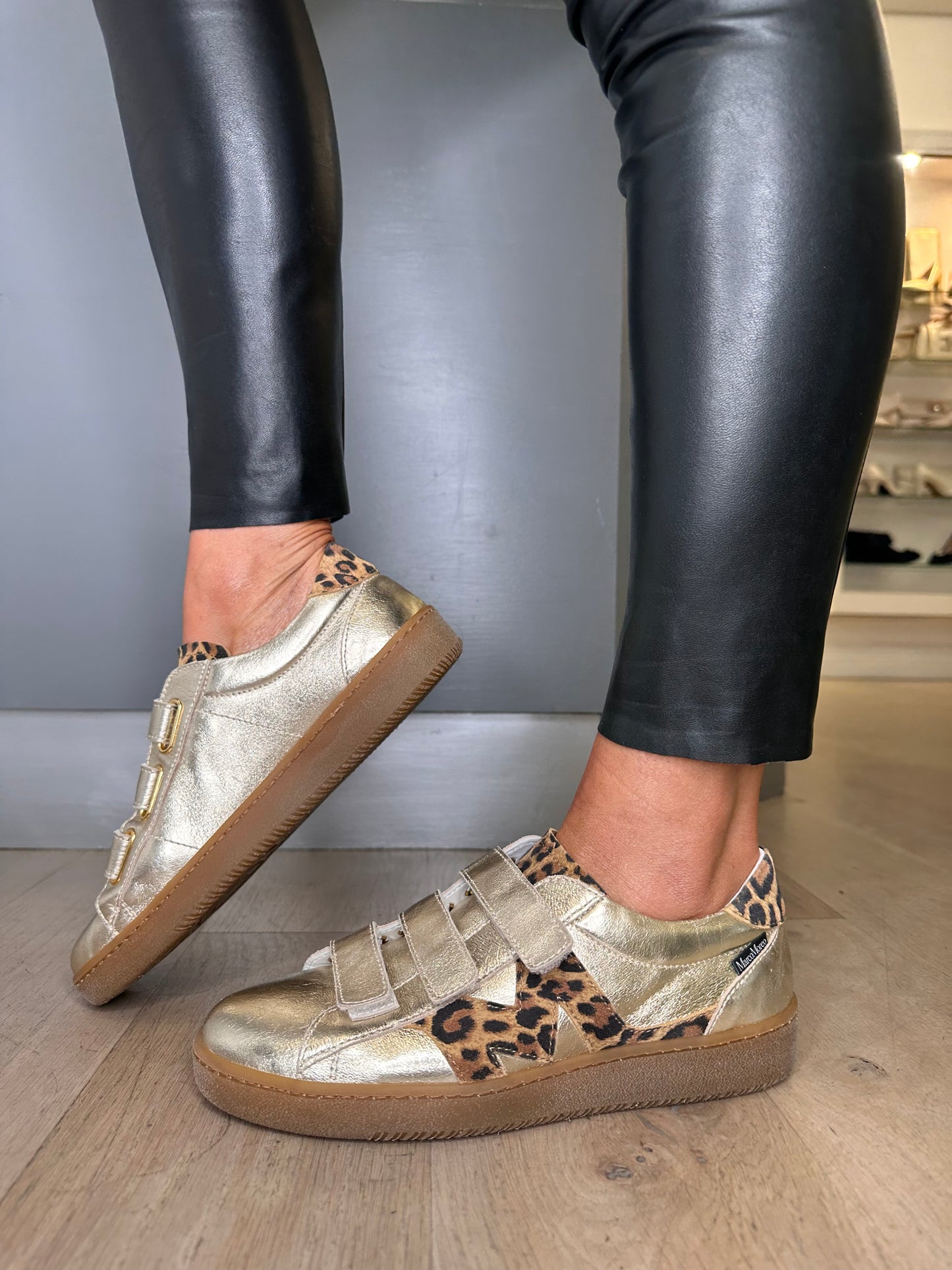 Marco Moreo - Metallic Gold Nappa Leather Trainer With Velcro Straps & Leopard Print Trim