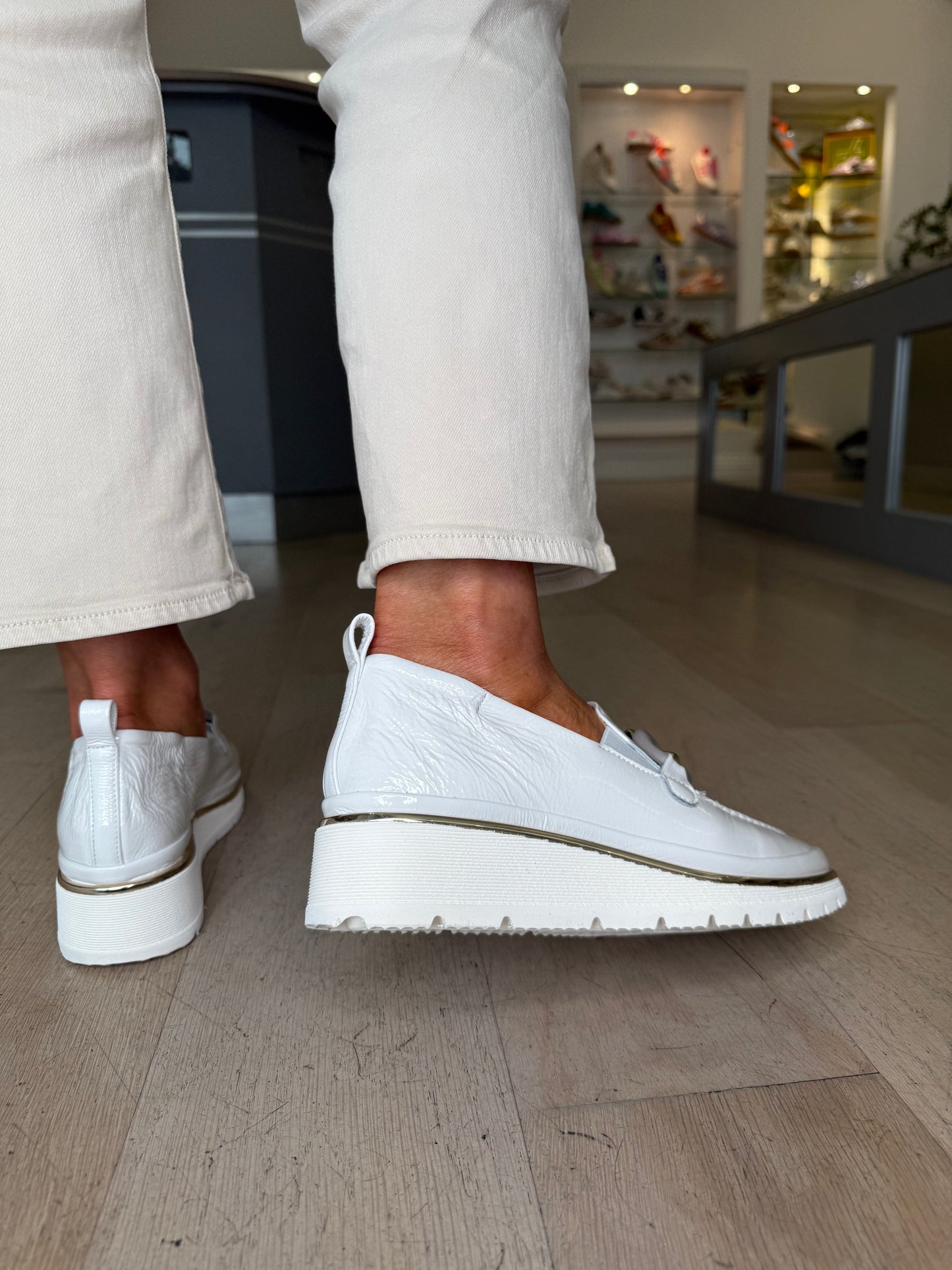 XSA -Soft Flexy Off White Patent Leather Slip On Wedge Shoe