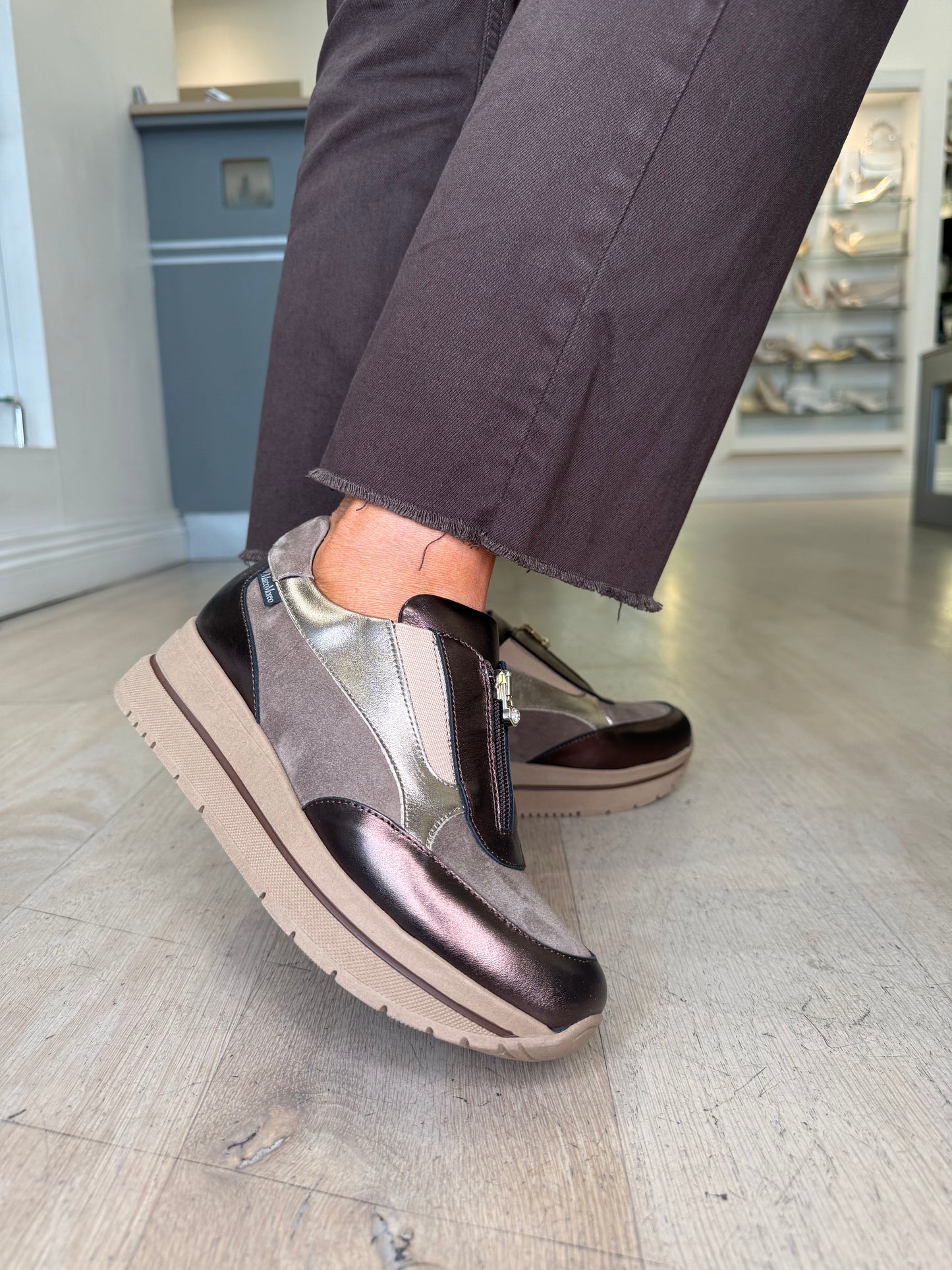 Marco Moreo - Gilda Metallic Leather & Taupe Suede Mix Zip Up Shoe With Gold Trim