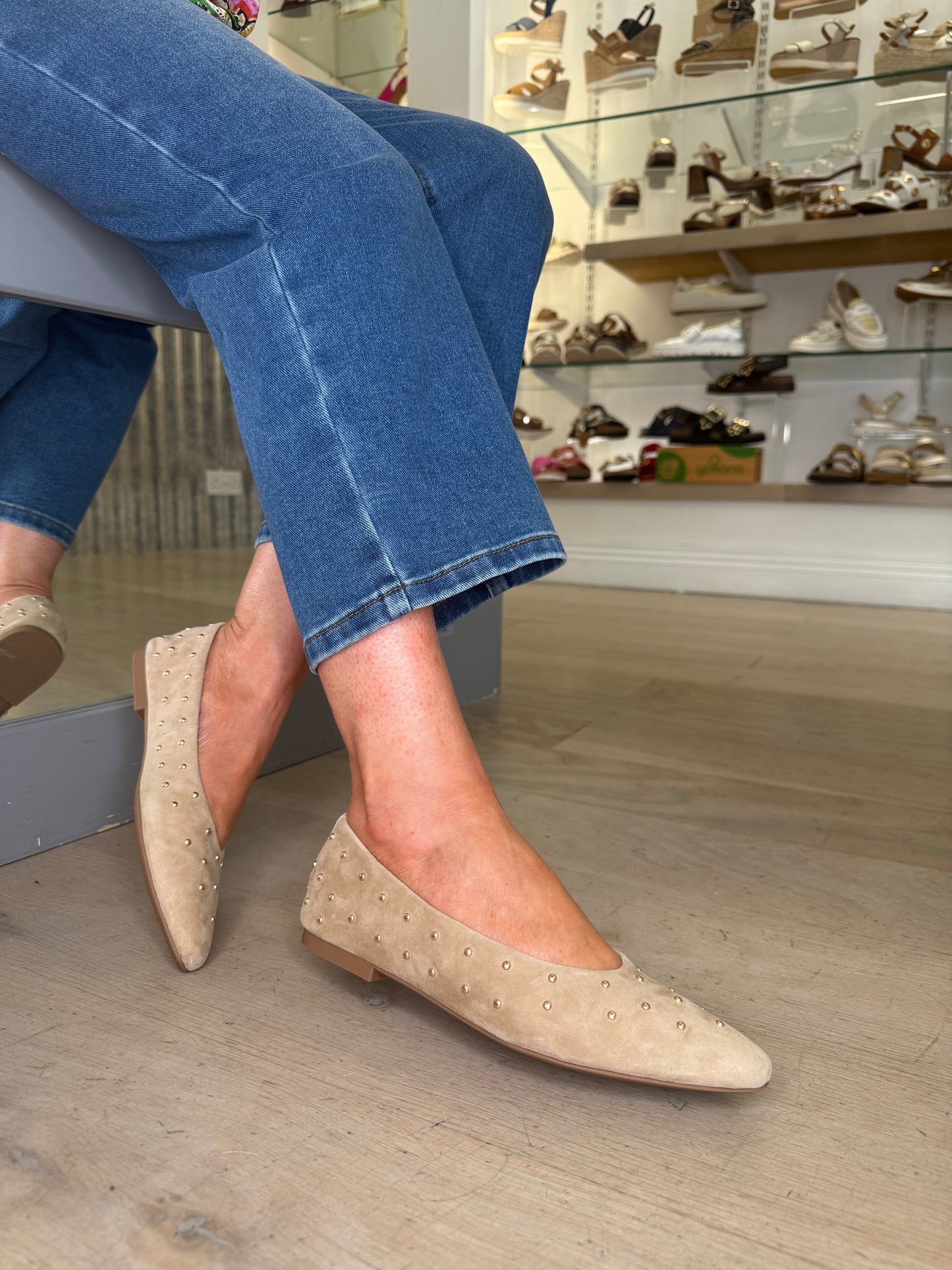 Alpe - Soft Camel Suede Pump With Gold Stud Trim