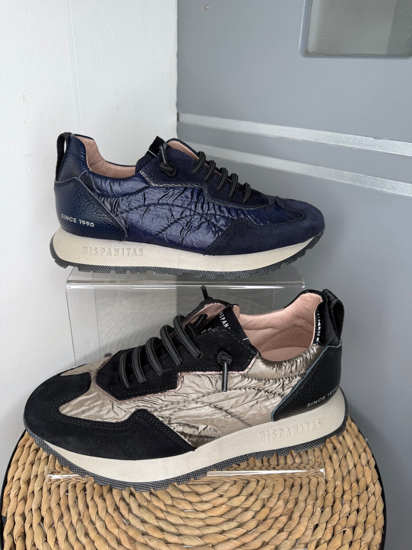 Hispanitas - Black Suede/ Taupe Padded Fabric Mix Pull On Trainer