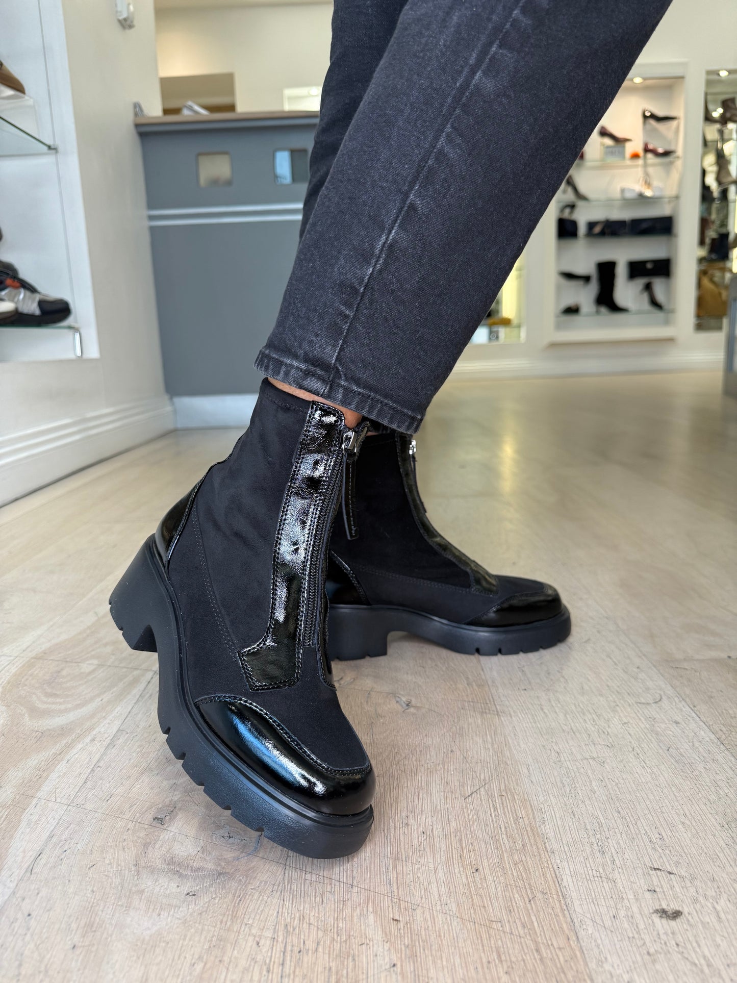 Unisa -Black Patent & Stretch Suede Mix Zip Up Boot
