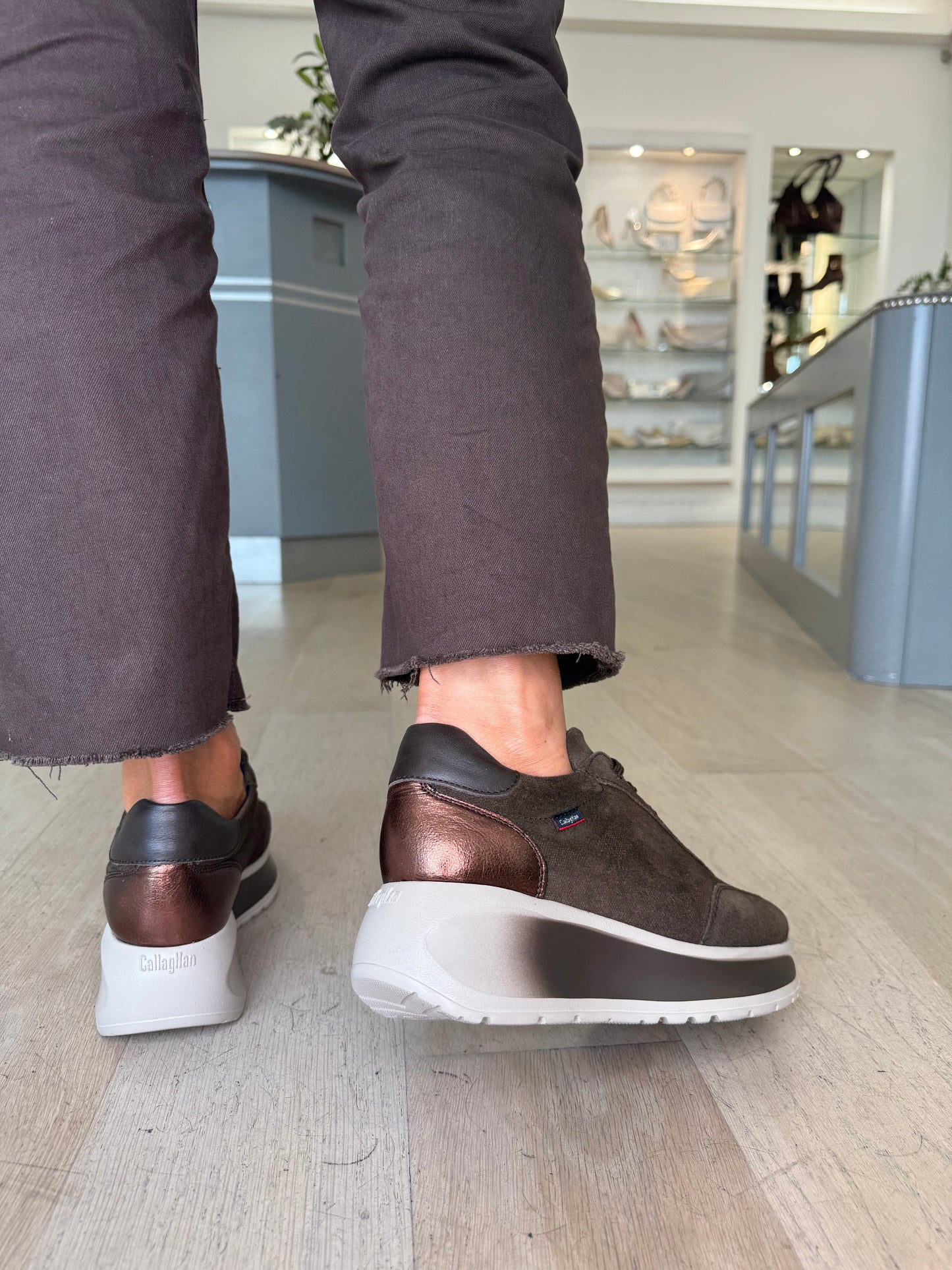 Callaghan - Chocolate Brown Suede Lace Up Chunky Sole Trainer With Bronze Trim