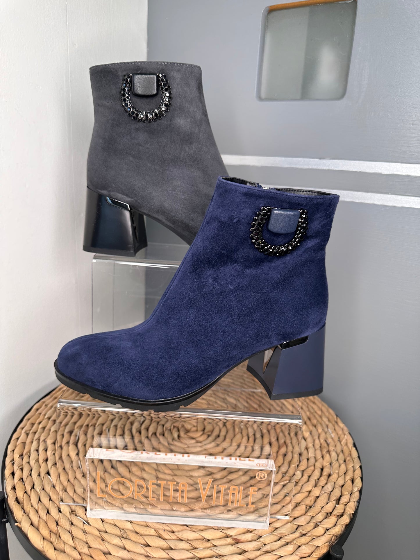 Loretta Vitale -Blue Suede Boot With Black Block Heel Boot