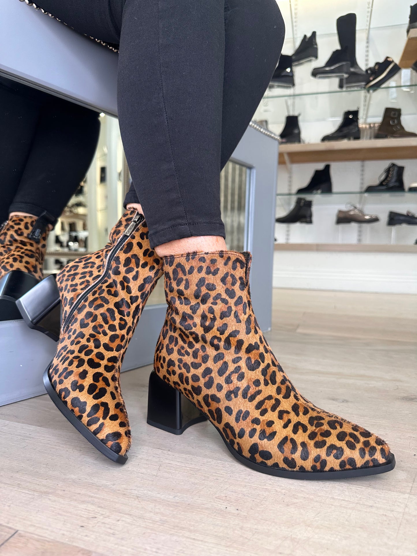 Loretta Vitale -  Leopard Print Pointy Toe Block Heel Boot