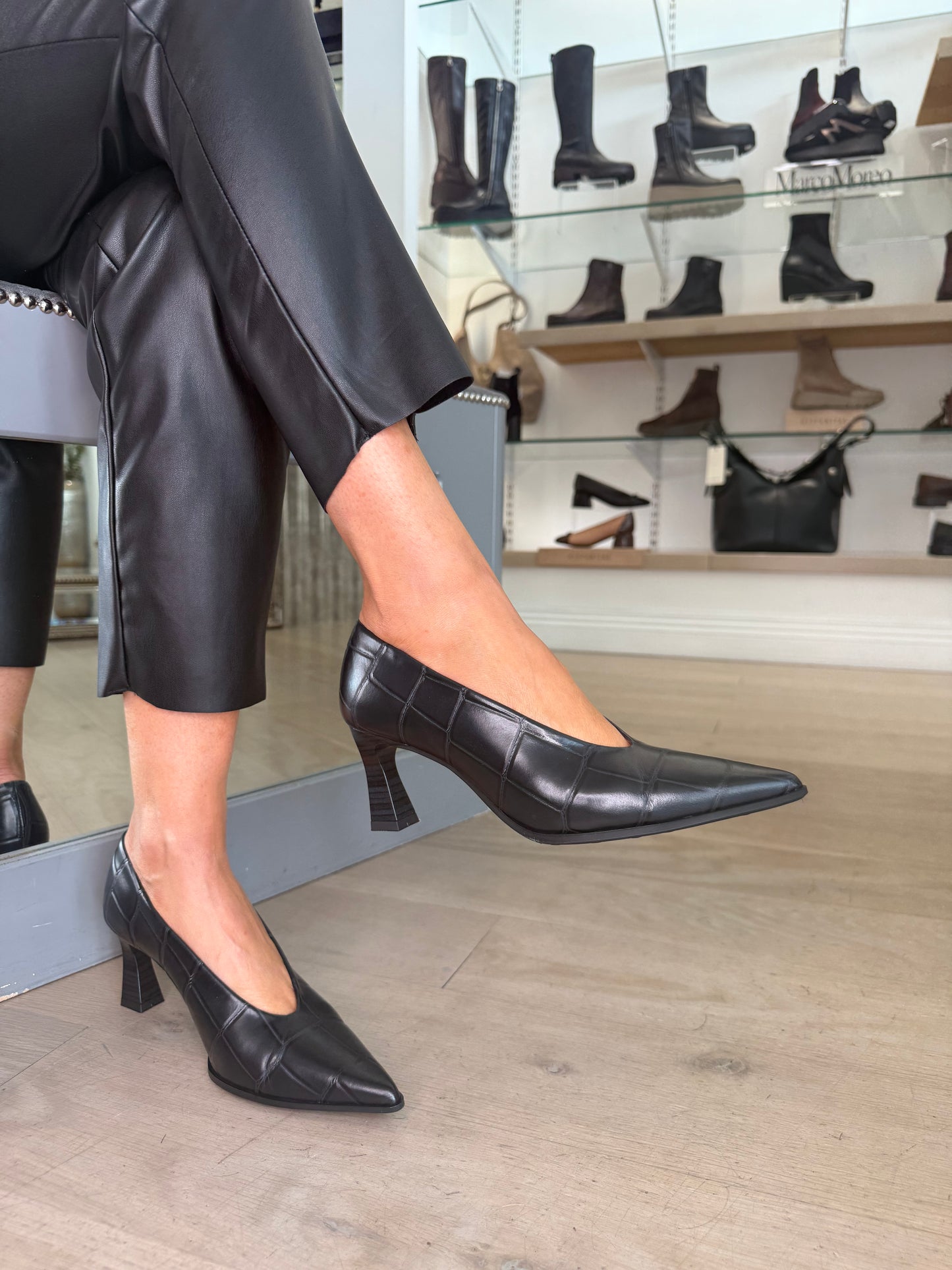Hispanitas - Matt Black Croc Print Leather Pointy Toe Court Shoe