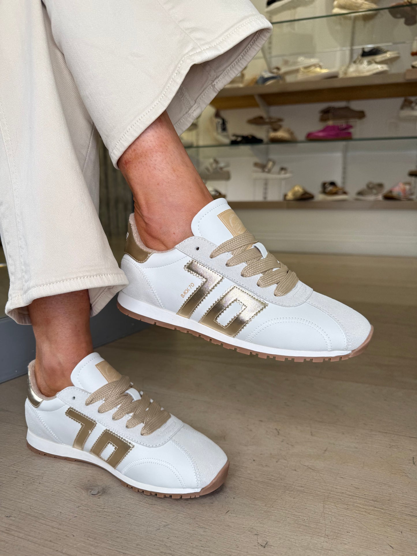 Back 70 -White Leather Trainer With Soft  Suede & Metallic Gold Trim
