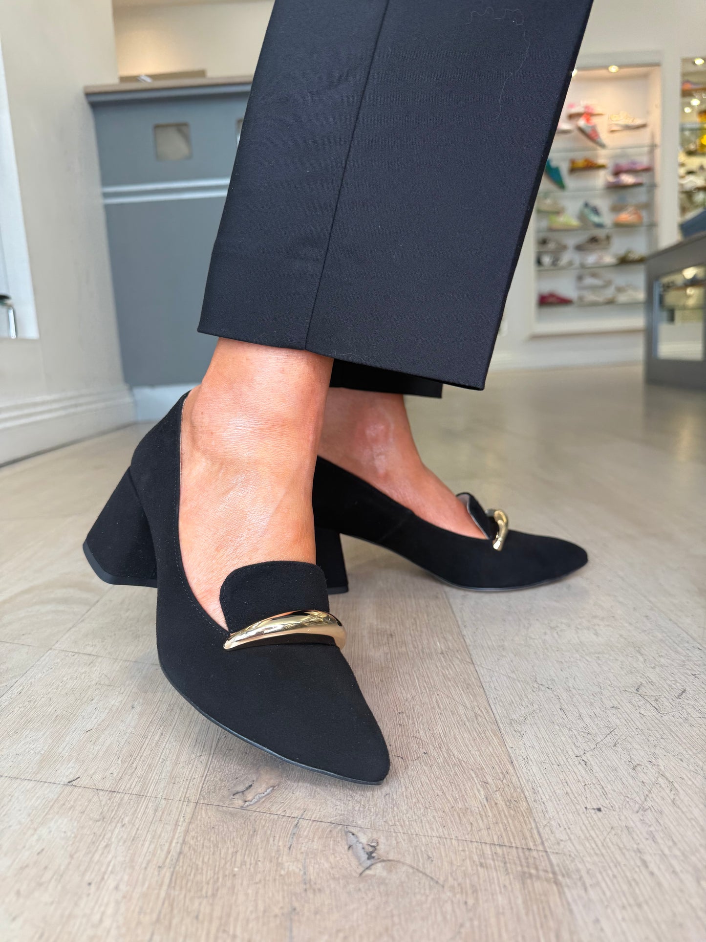 Emis - Black Suede Pointy Toe Shoe With Block Heel & Gold Trim