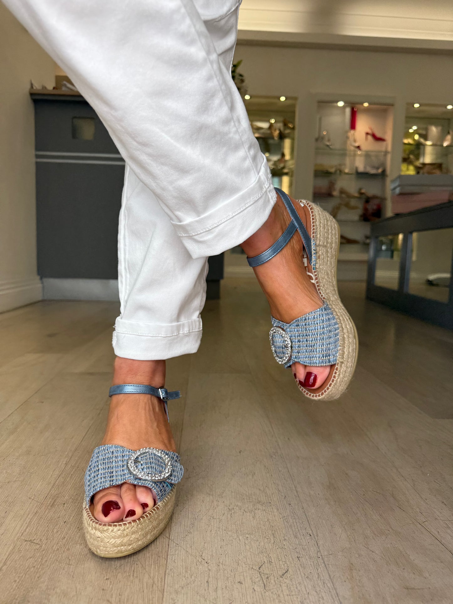 Viguera - Metallic Denim Blue Espadrille Wedge With Diamante Buckle Trim