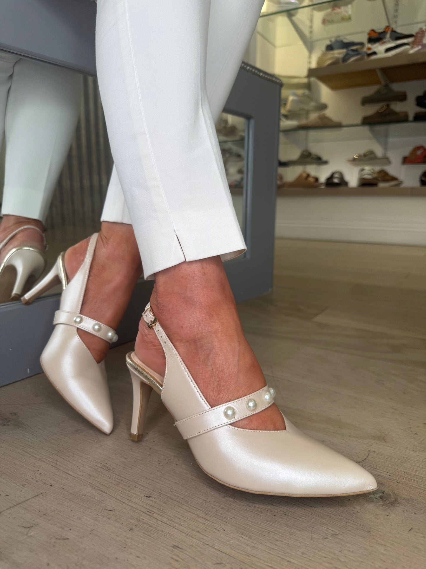 Emis - Pearlised Beige Leather Pointy Toe Slingback Shoe With Mary Jane Strap and Pearl Trim
