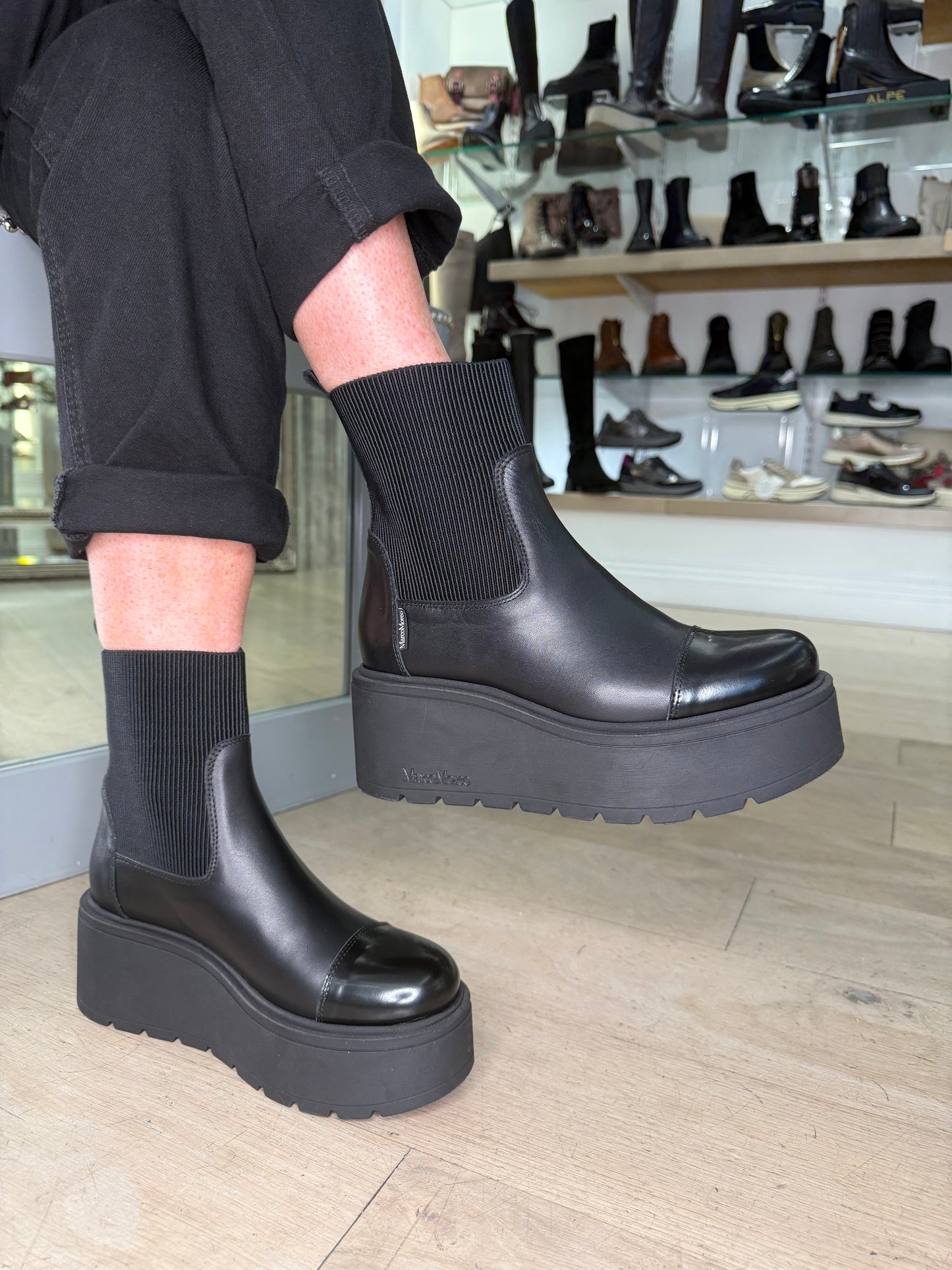 Marco Moreo - Brenda Black Leather & Fabric Panel Platform Boot