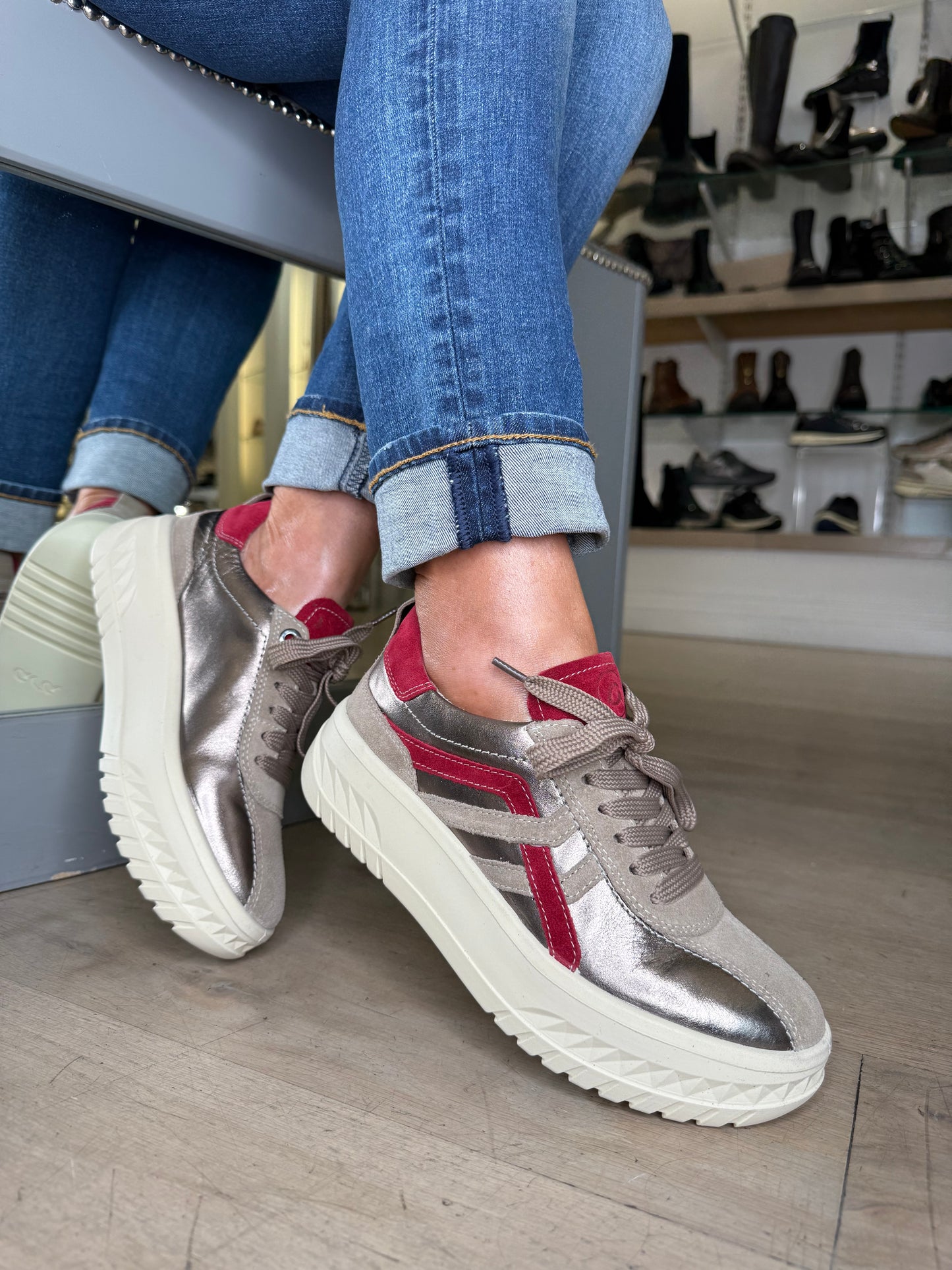 Ara - Soft Metallic Bronze/ Taupe & Red Suede Flatform Trainer