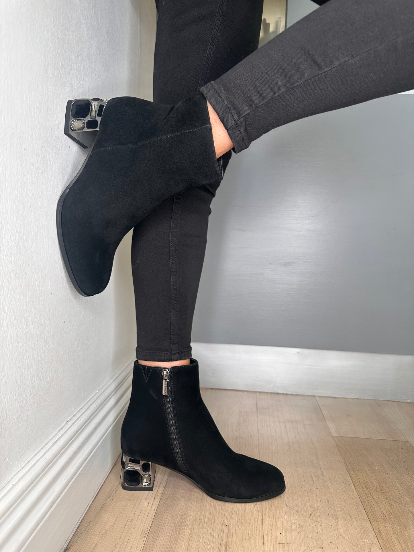 Loretta Vitale - Black Suede Round Toe Boot With Decorative Stone Detail