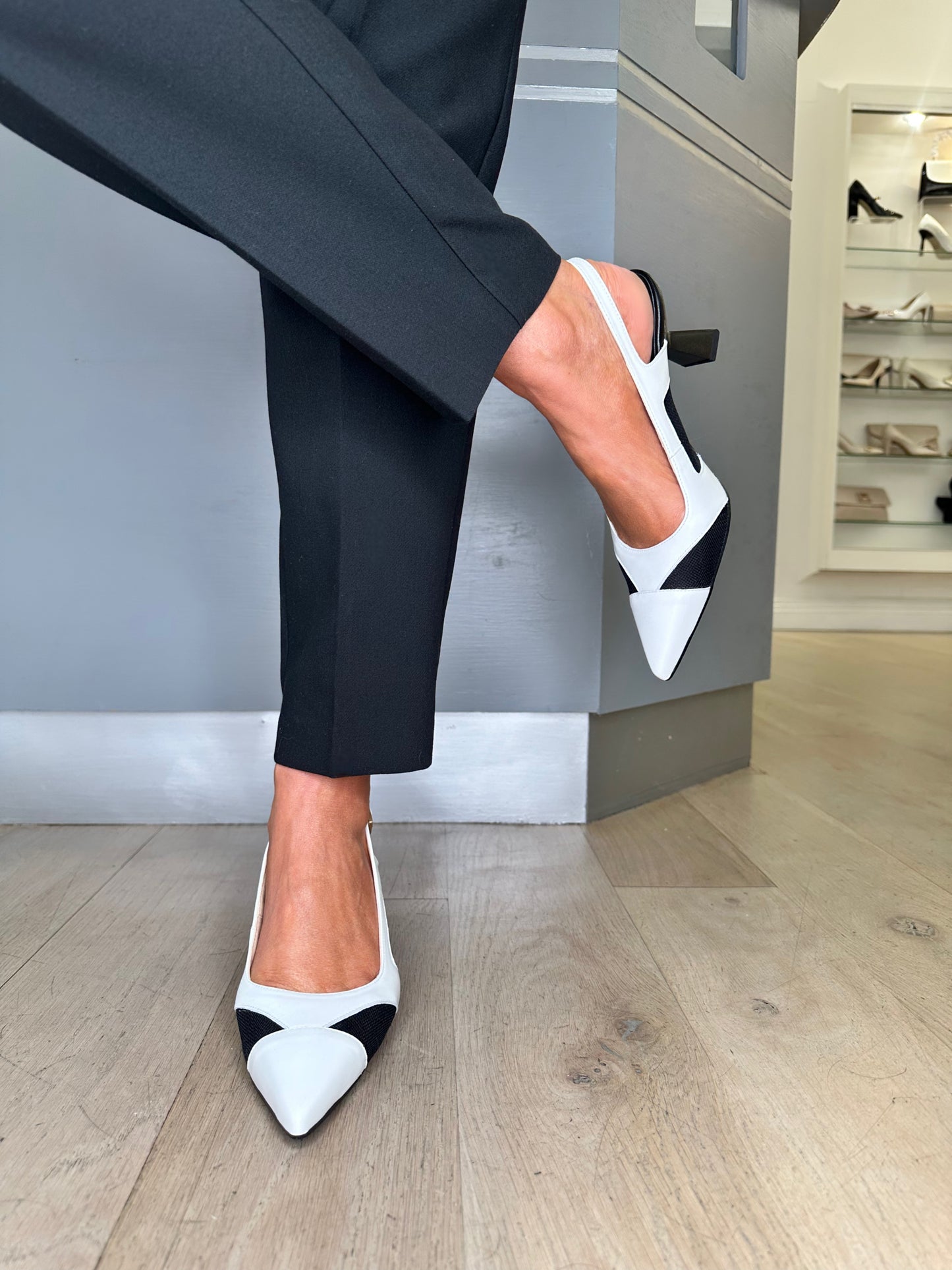 Hispanitas -White Leather / Black Mesh Pointy Toe Slingback Shoe