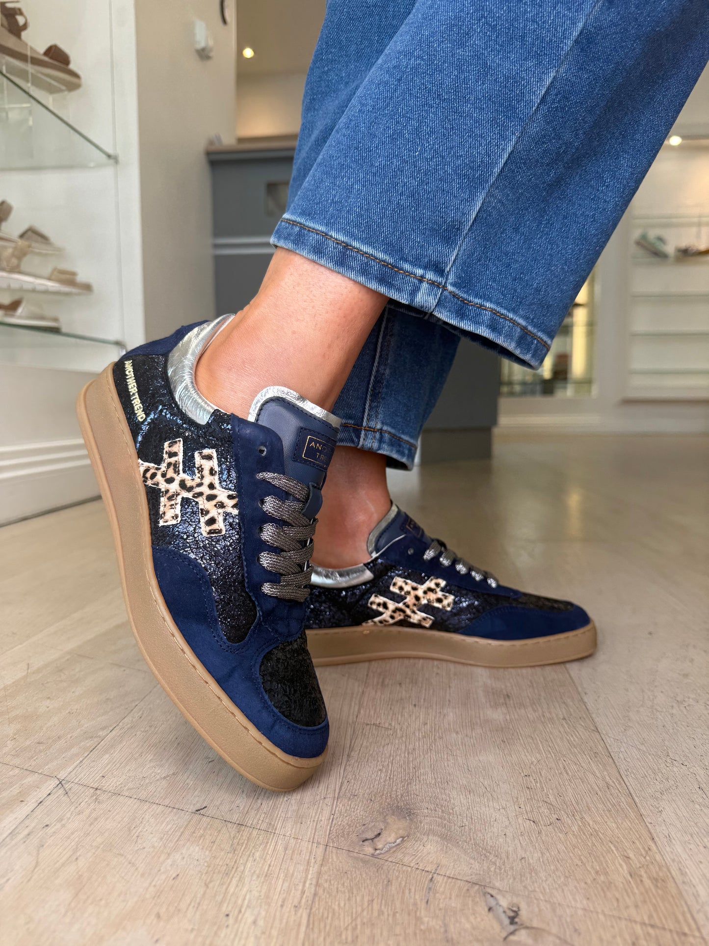 Another Trend -Multi Suede Navy Mix Trainer With Leopard Print & Metallic Silver Trim