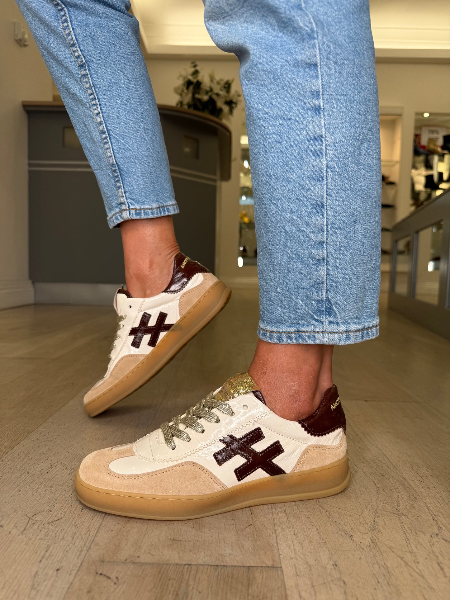 Another Trend - Beige Suede & Rich Cream Flexy Patent Trainer With Brown Trim