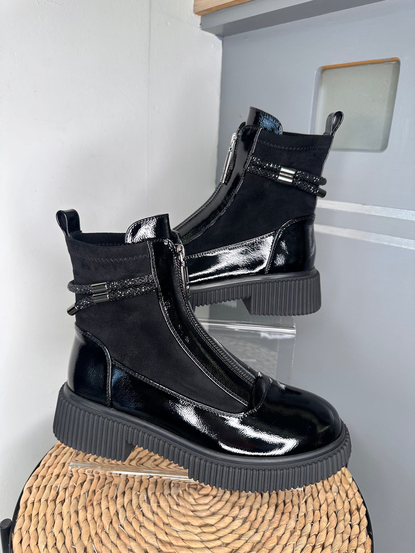 Loretta Vitale - Black Flexy Patent  / Fabric Mix Chelsea Style Boot