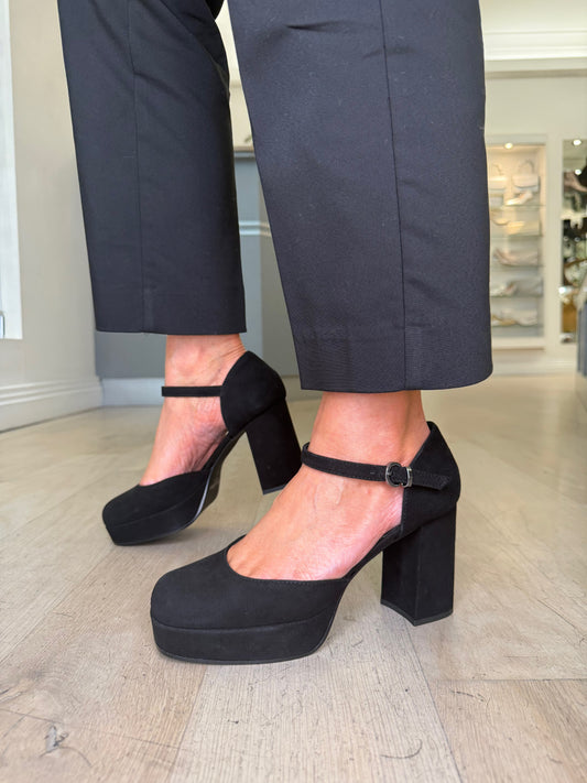 Marco Moreo - Nicole Black Suede Block Heel Mary Jane Shoe