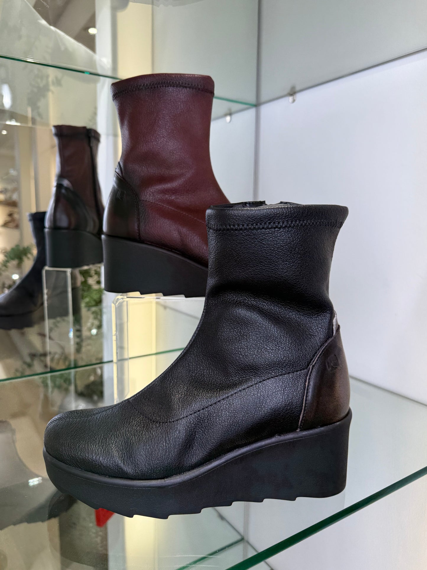 Jose Saenz -Black Stretch Leather Wedge Boot With Soft Bronze & Camel Trim