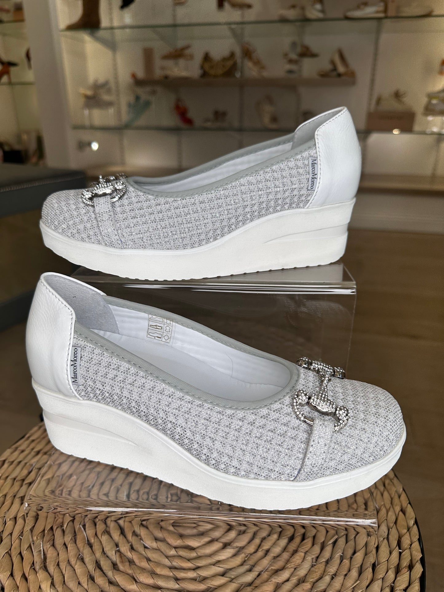 Marco Moreo - Grey/Silver Tweed Fabric Slip On Wedge Shoe With White Patent Trim