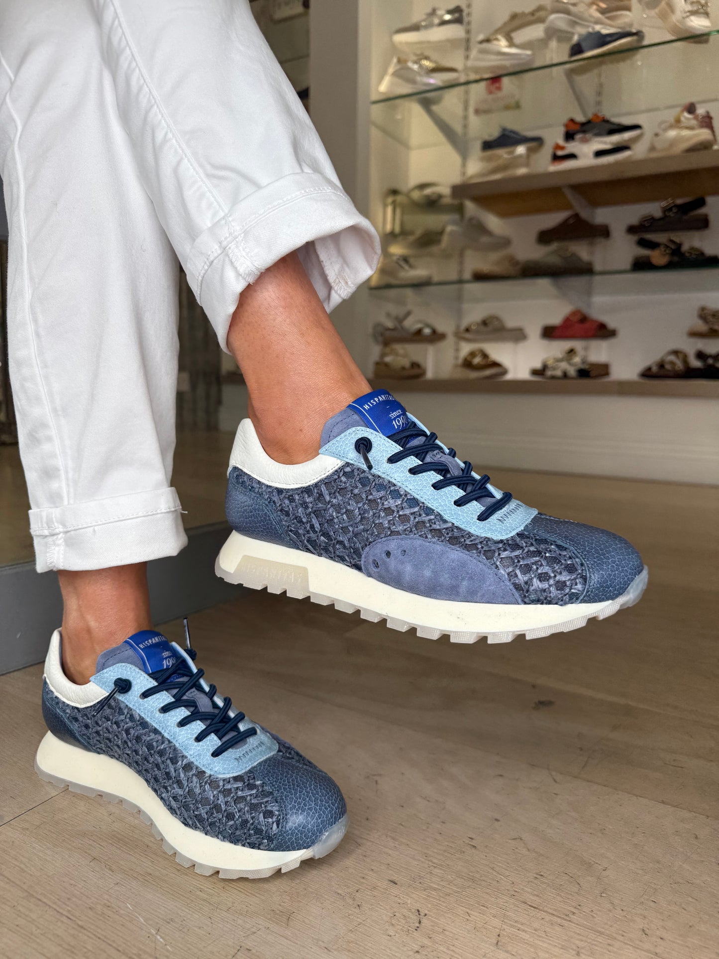 Hispanitas - Blue Weave/ Leather Mix Pull On Trainer With White Trim