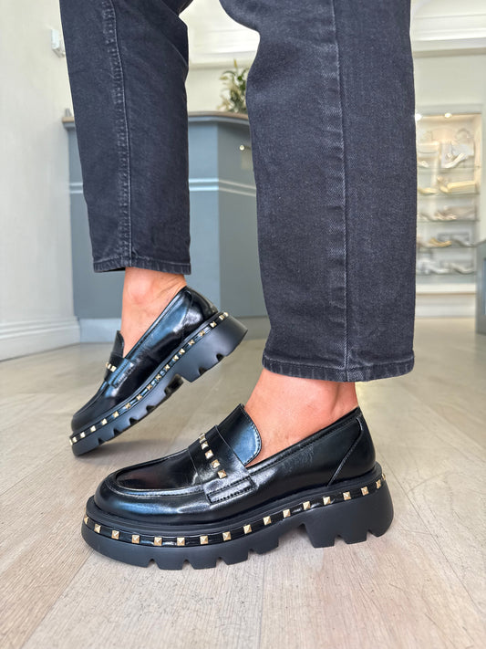 Lodi - Black Nappa Leather Chunky Sole Loafer With Gold Stud Trim Detail