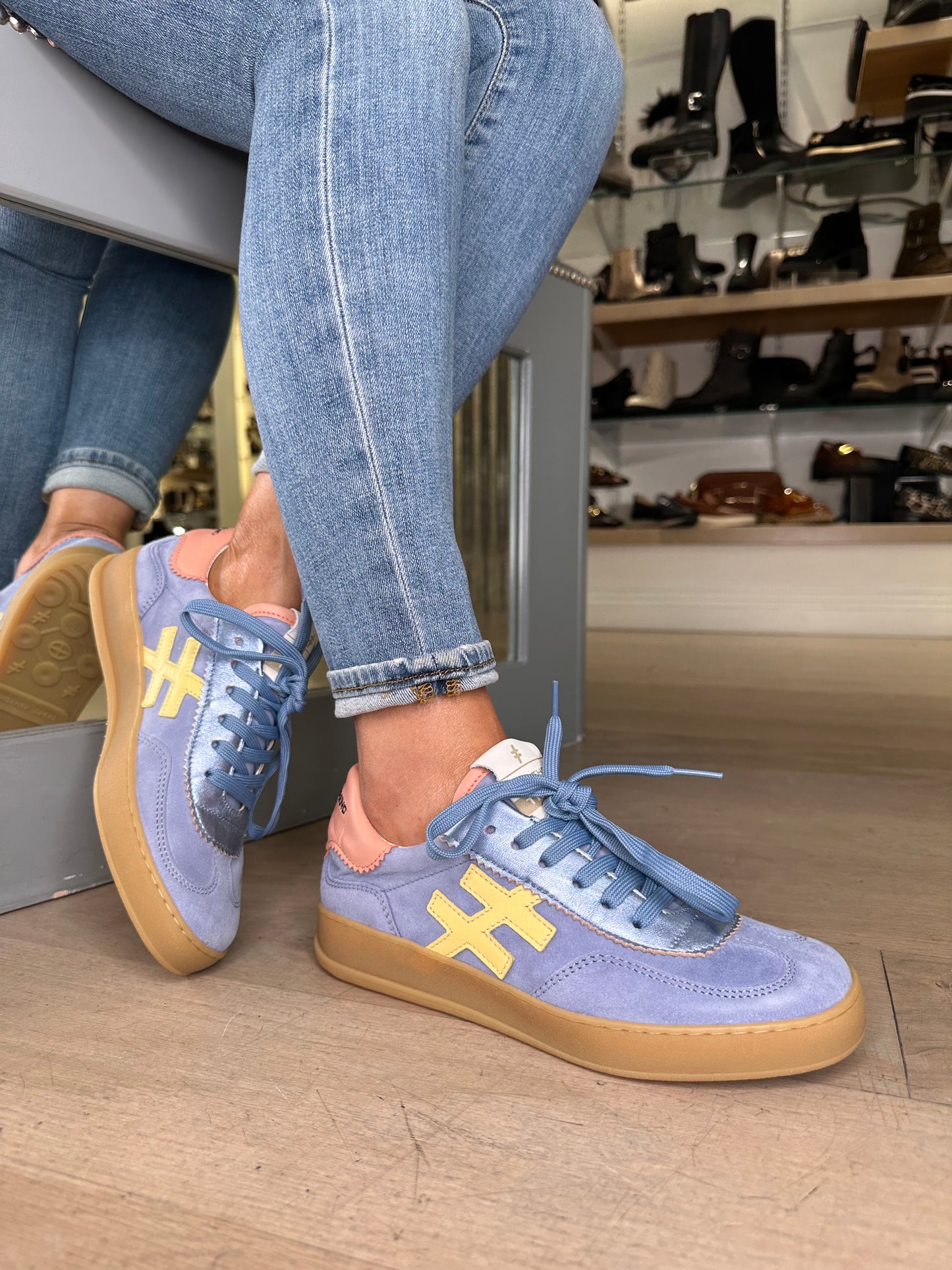 Another Trend (Alpe) - Sky Blue Suede / Metallic Mix Trainer With Lemon /  Soft Rose Trim