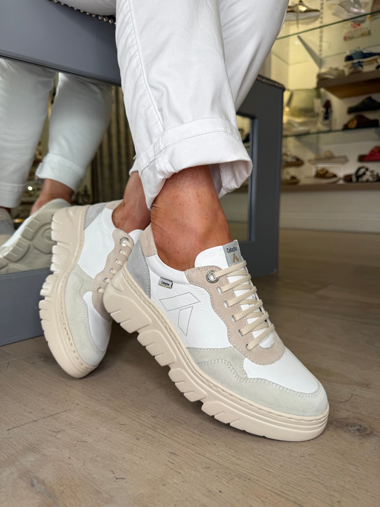 Callaghan - Beige & Pale Green/Grey Suede With White Leather Mix Trainer