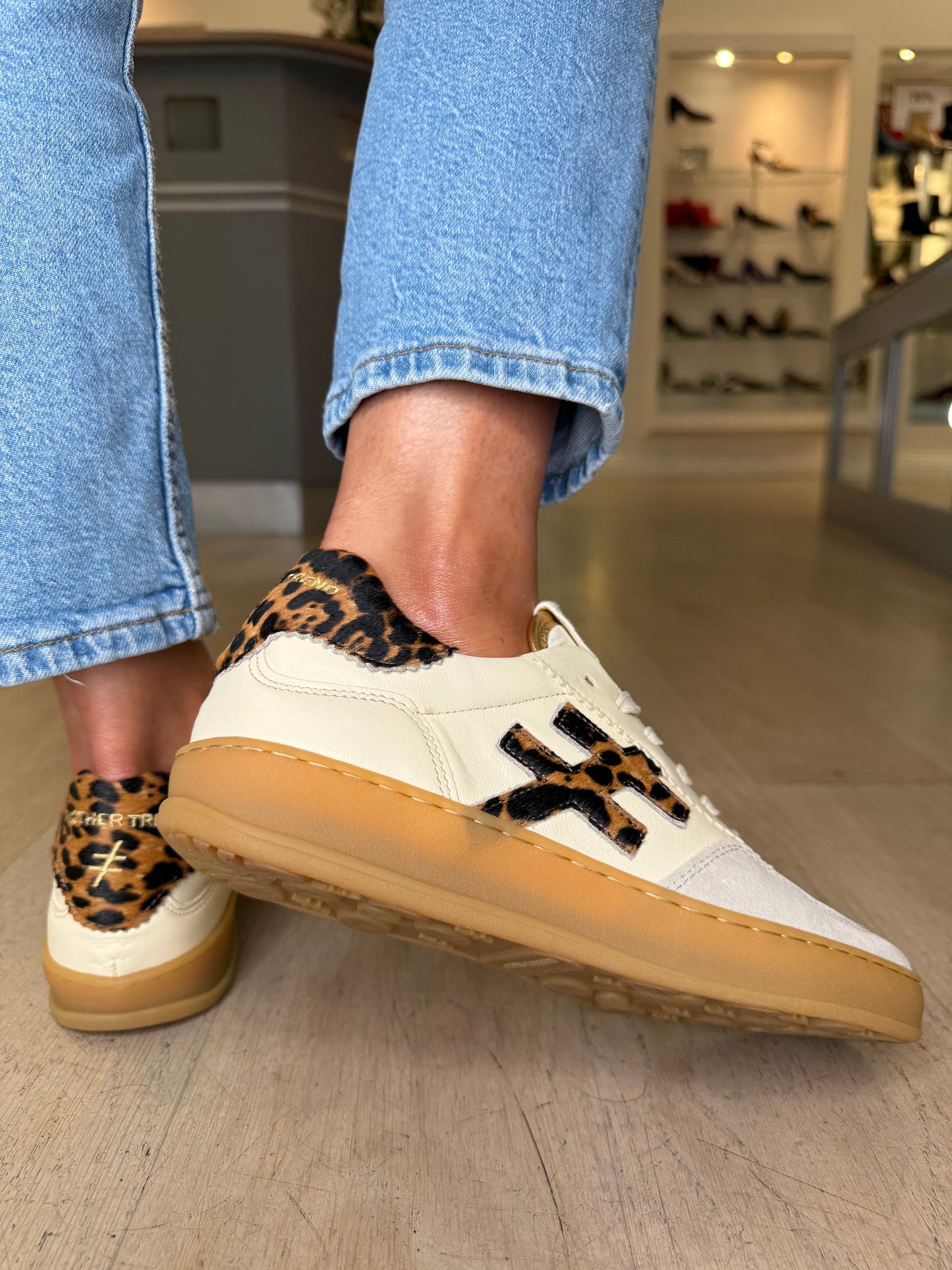 Another Trend - Stone Suede & Rich Cream Leather Trainer With Leopard Print Trim