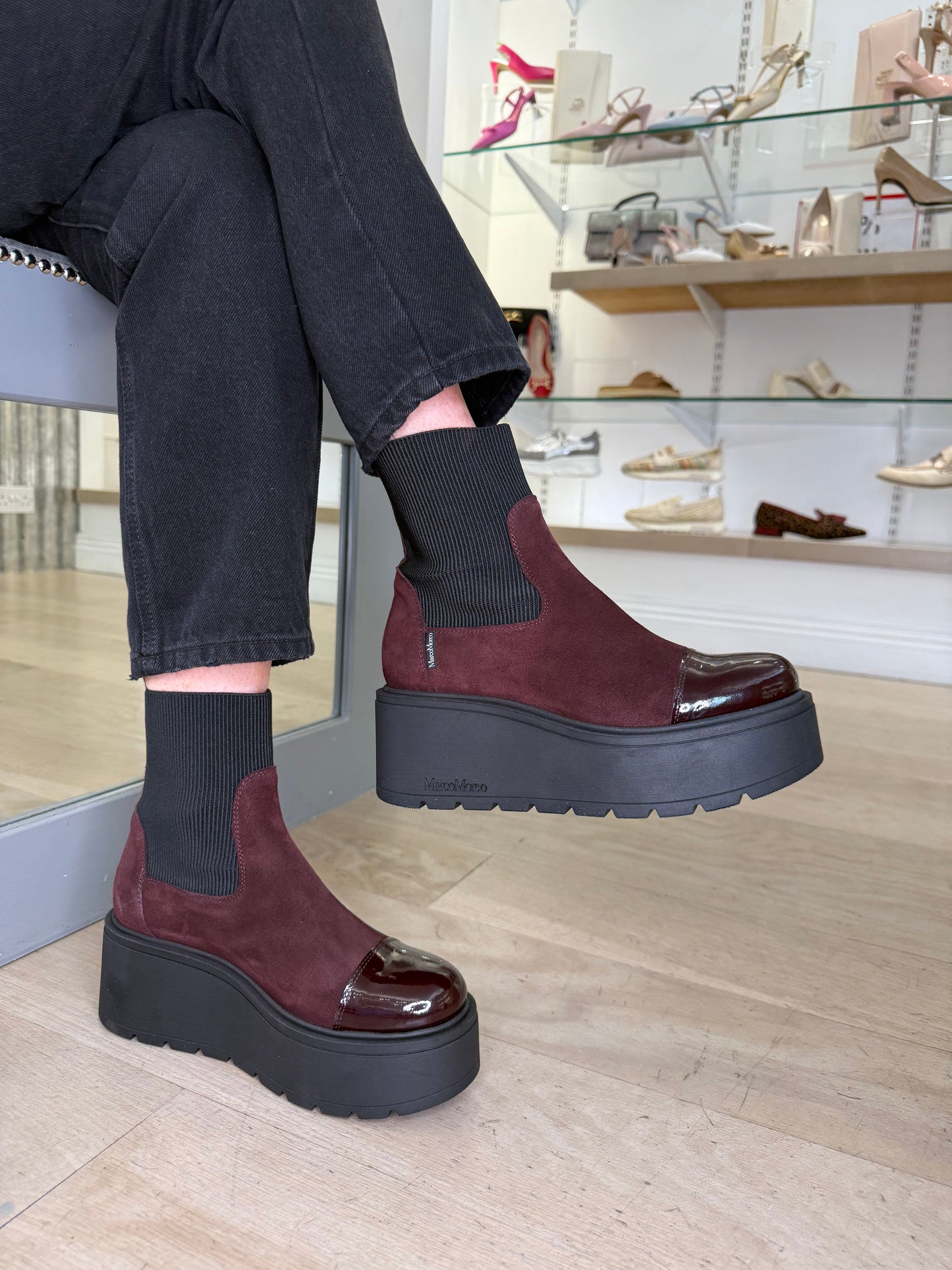 Marco Moreo - Brenda Burgundy Suede Chunky Sole Wedge Boot With Burgundy Patent Trim