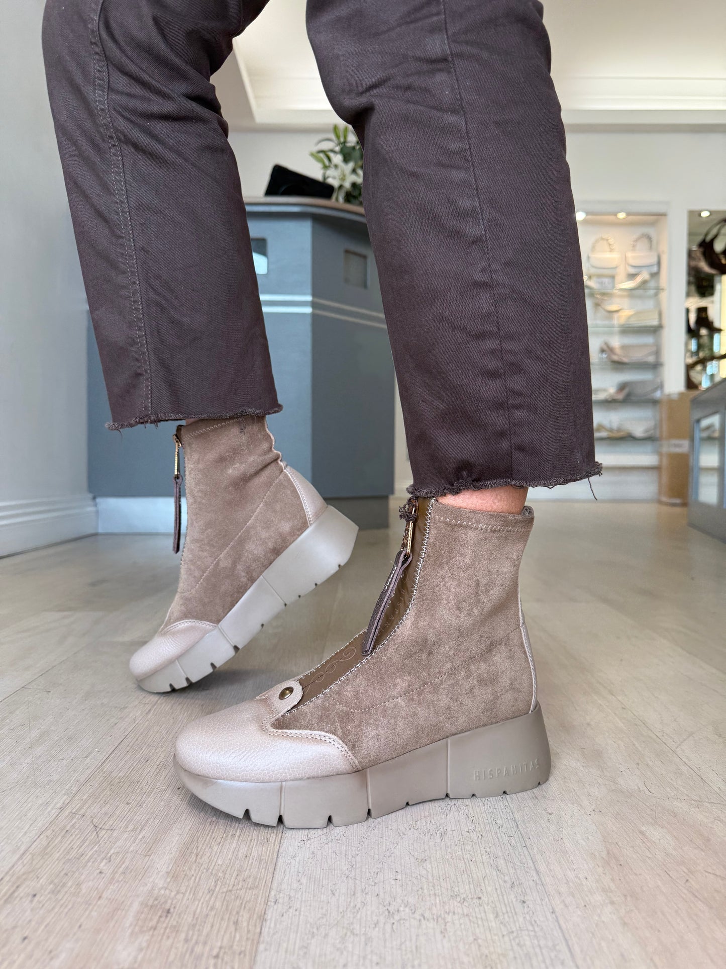 Hispanitas - Taupe Suede & Leather Zip Up Sporty Wedge Boot