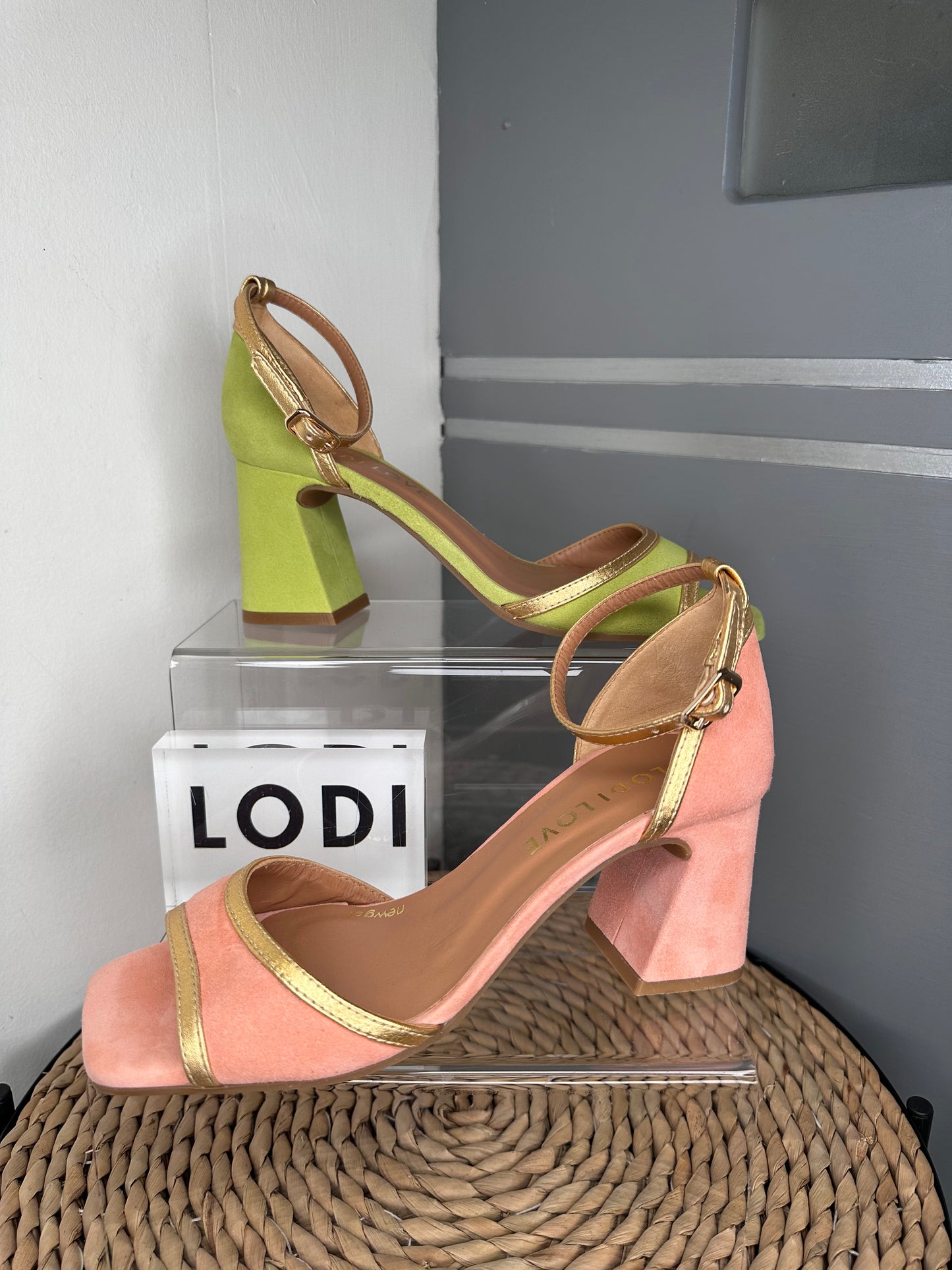 Lodi (Love) - Lime Green Suede Sandal With Gold Trim & Block Heel