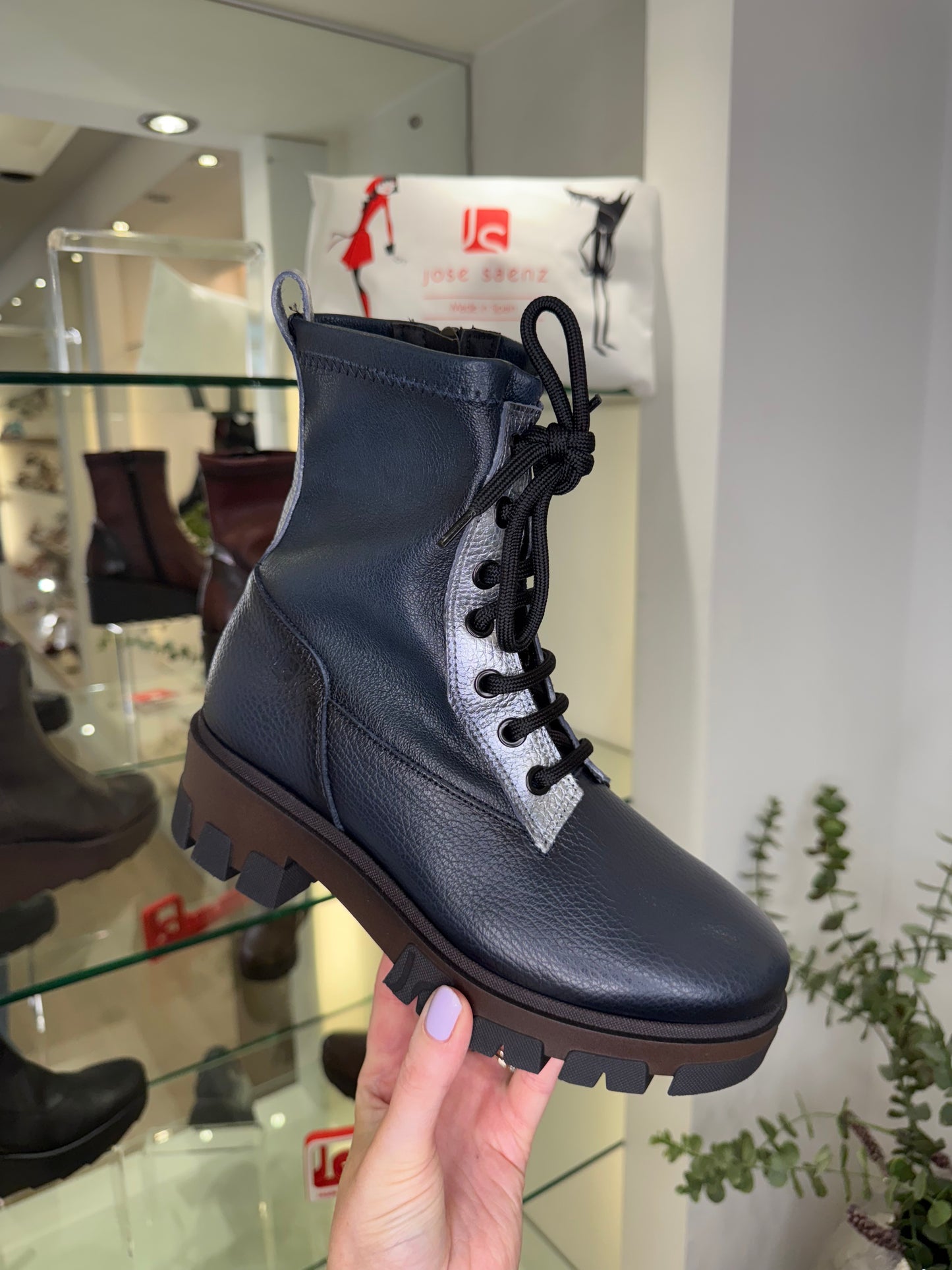 Jose Saenz -Dark Navy Leather Chunky Sole Lace Up Boot With Metallic Silver Trim