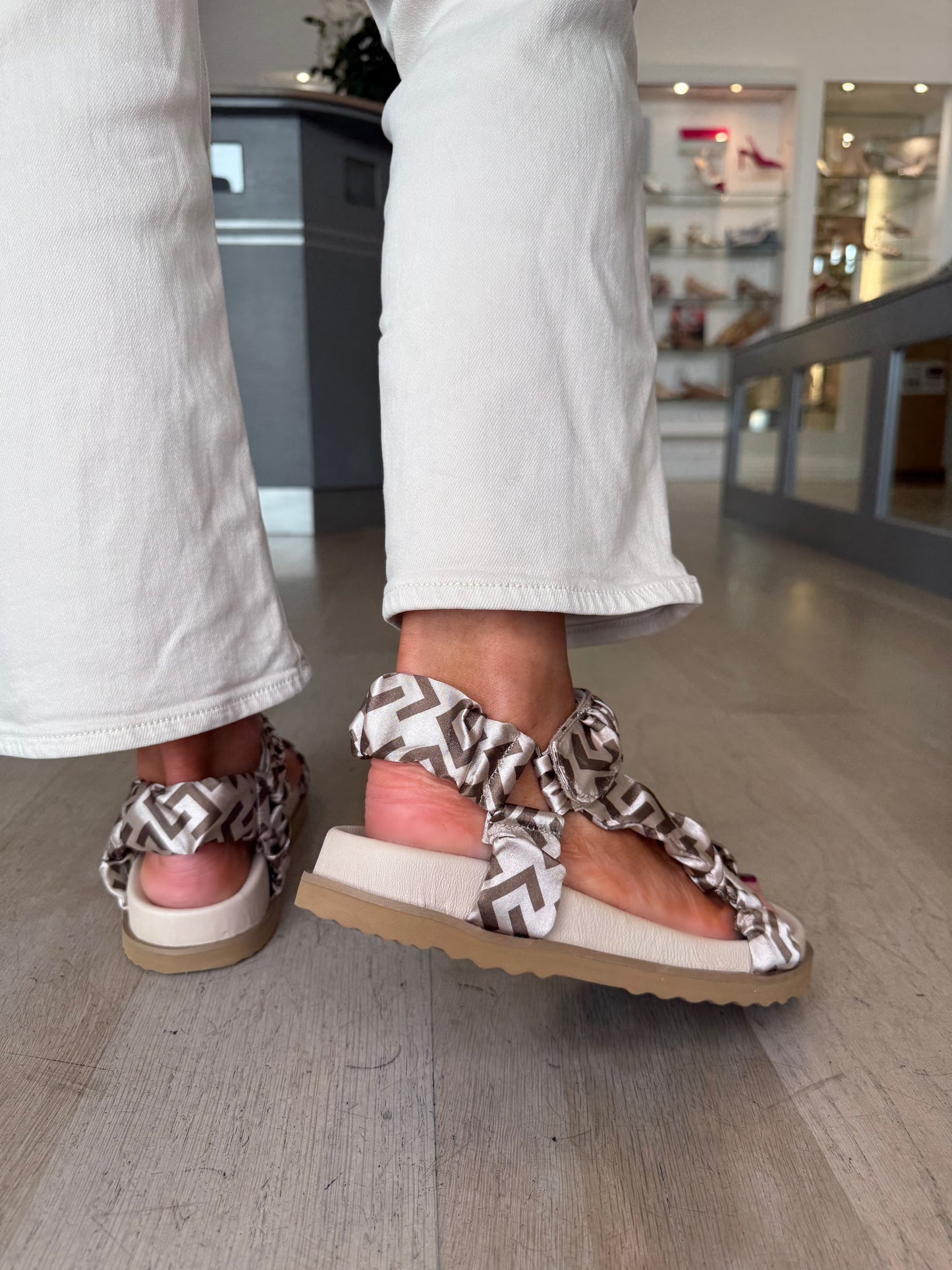 Repo - Cream/Brown Print Silk Ruched Sandal With Velcro Strap